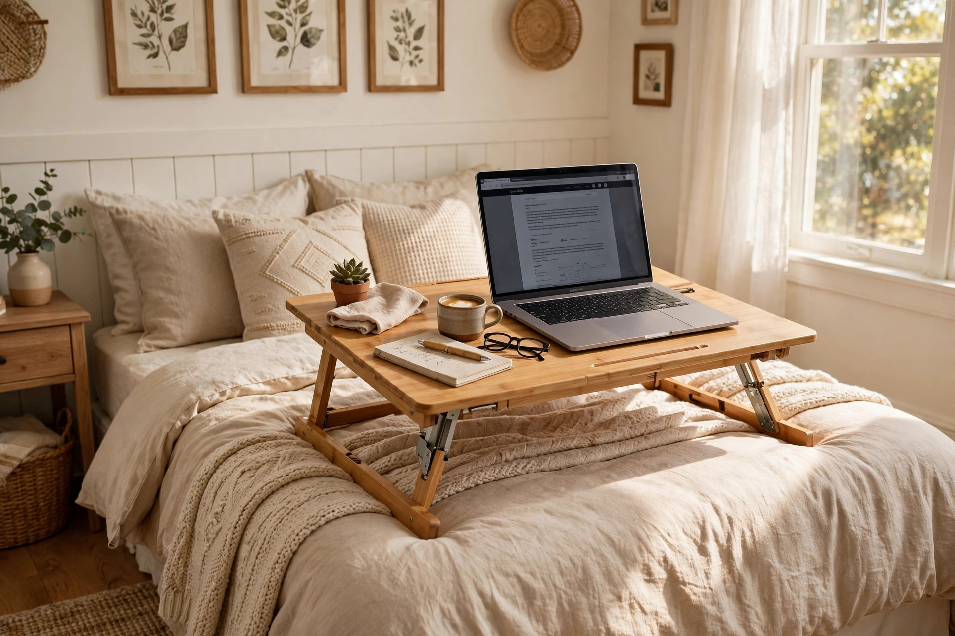 Adjustable laptop desk for bed and couch use in a bright American living room