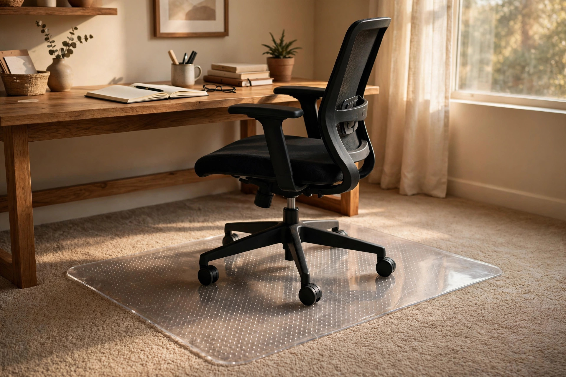 A home office chair mat for carpet protection under a rolling office chair on a carpeted floor