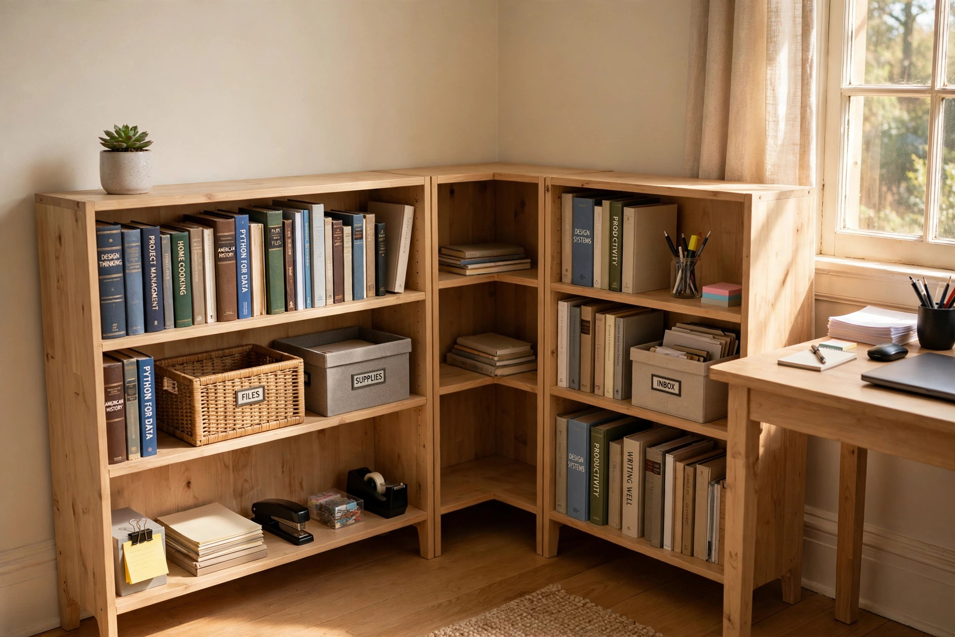 Corner bookshelf for small home office storage in a tidy work nook