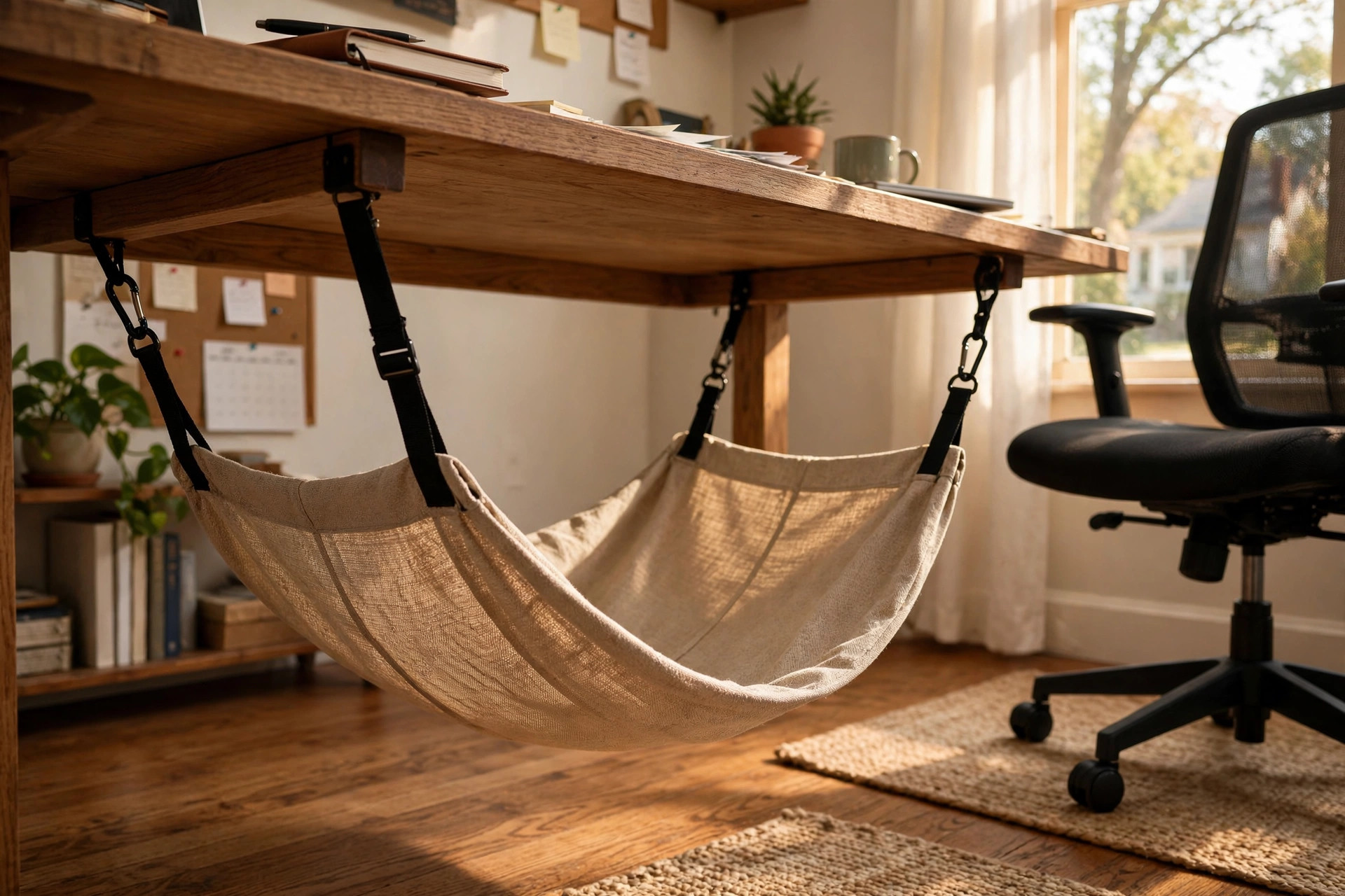 Adjustable foot hammock for under desk comfort in a home office