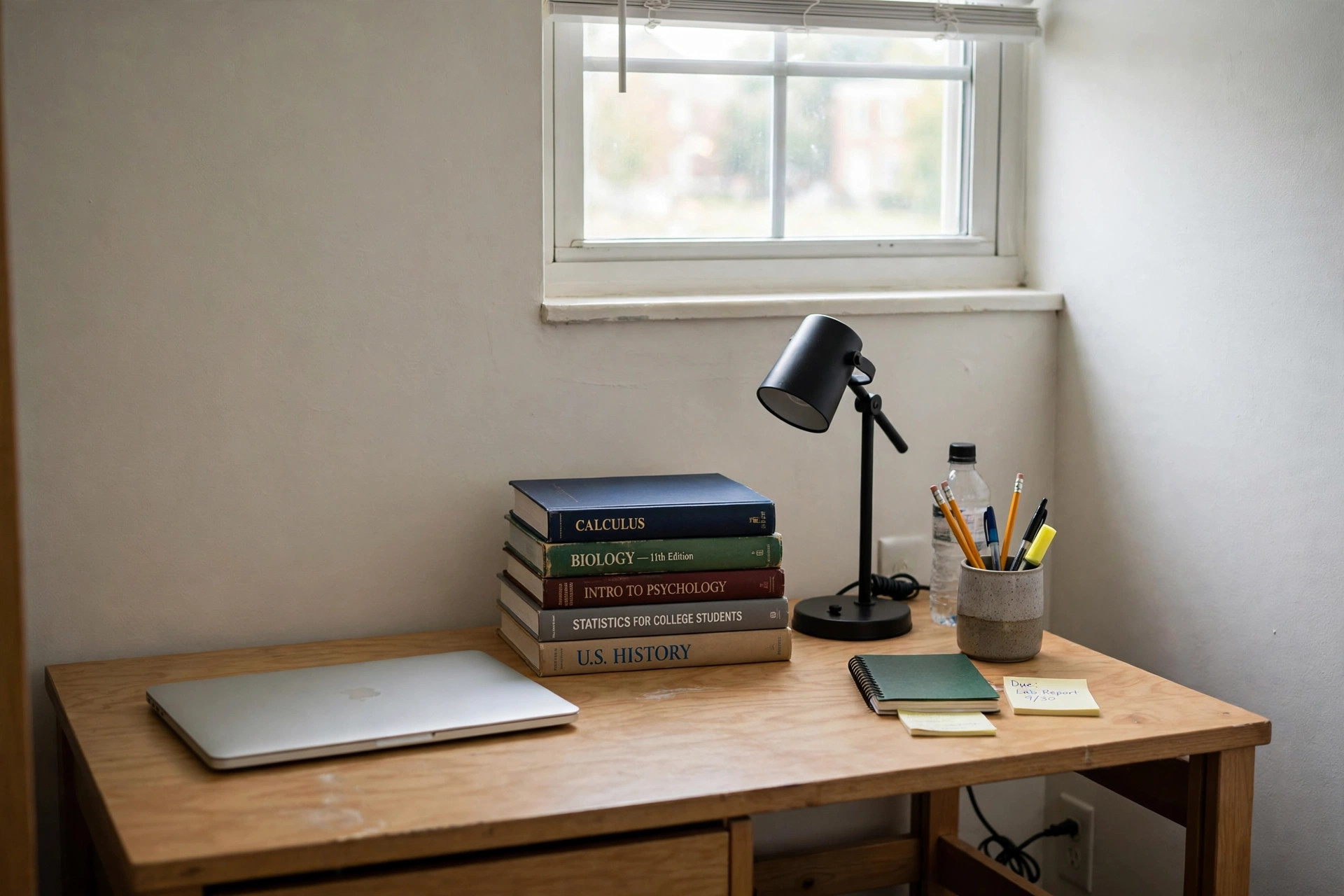 Student dorm desk setup with lamp and books for best home office desk for college students dorm