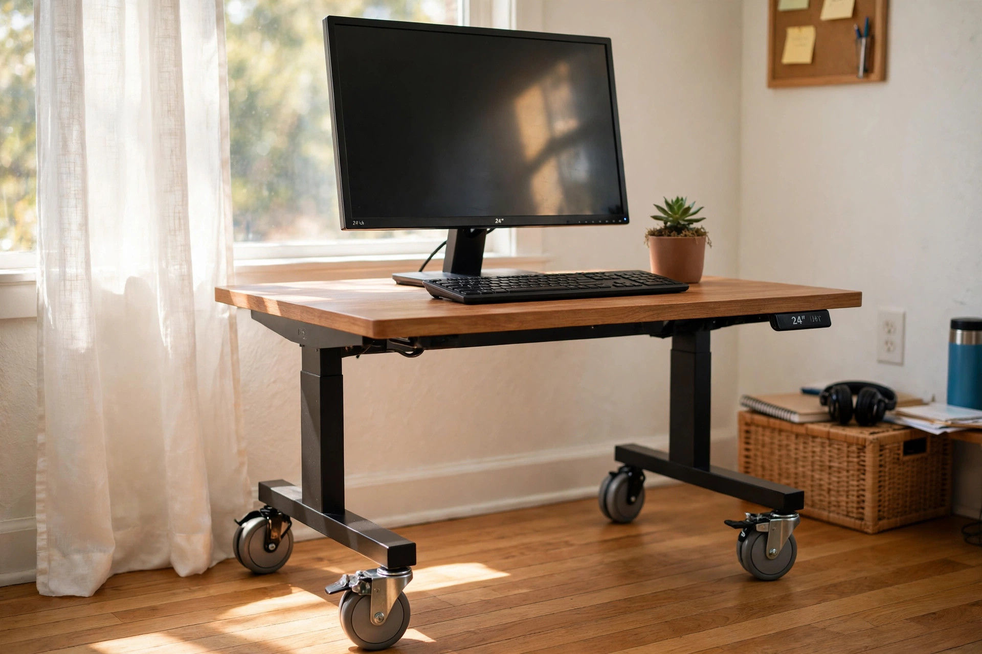 rolling standing desk with locking wheels in a home office
