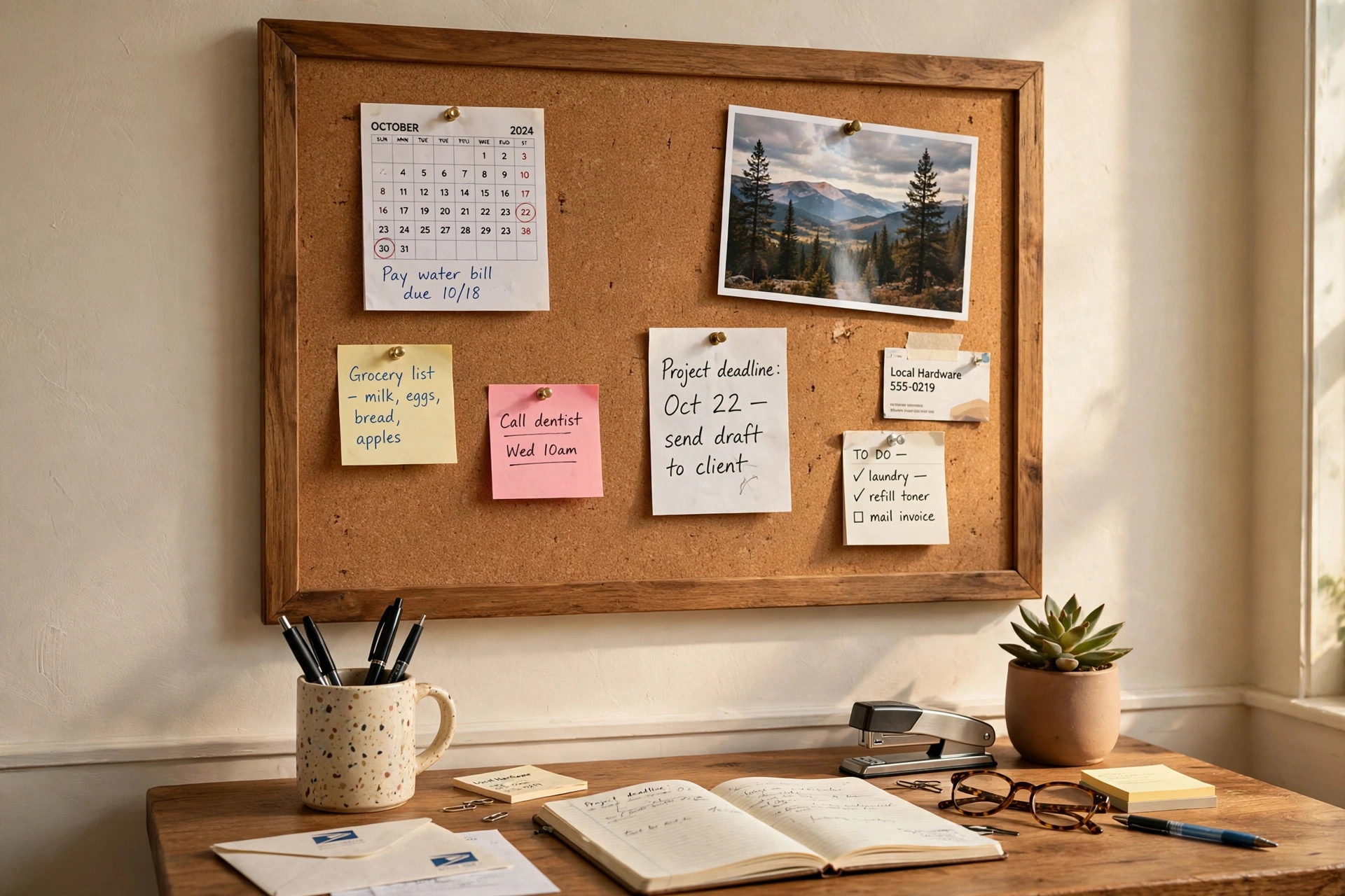 A home office bulletin board with wooden frame hanging above a desk in a home office