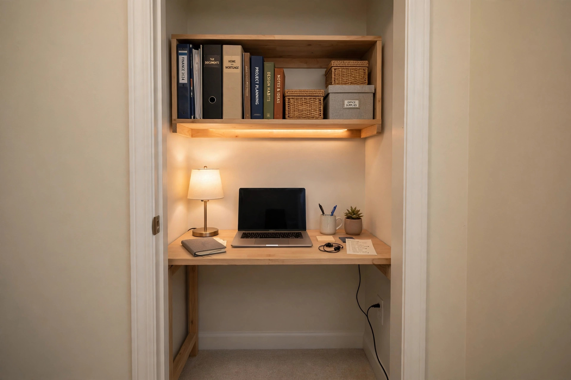 compact bookshelf for home office closet setup: Compact bookshelf in a home office closet setup