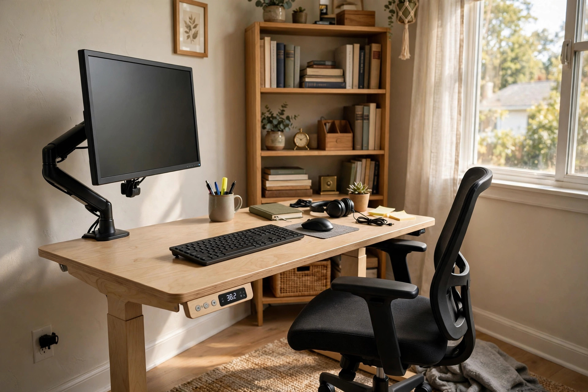 Compact standing desk set low in a small home office, the best standing desk for short people under 5ft