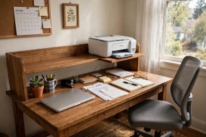 Home Office Desk With Printer Shelf Attachment