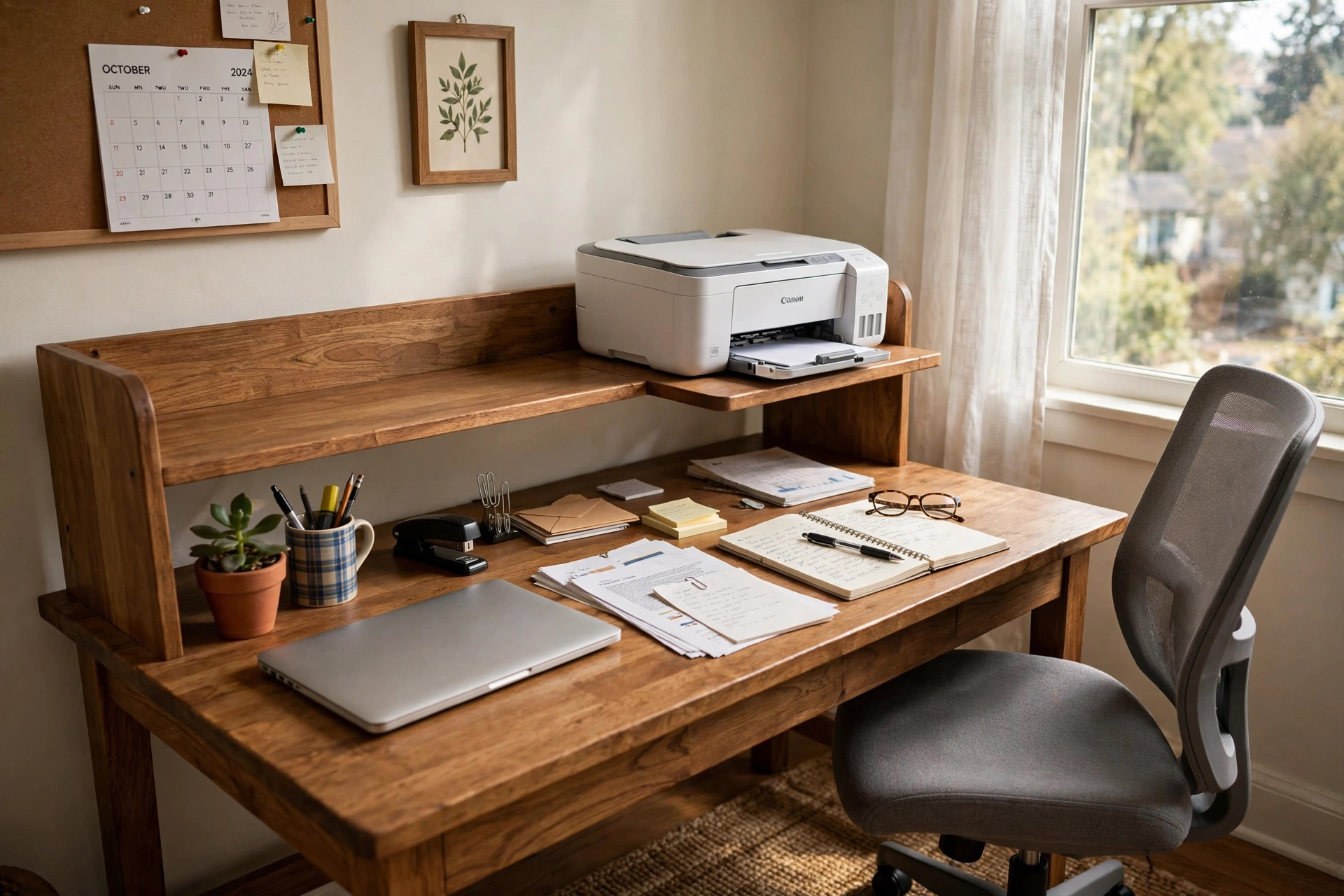 Wooden home office desk with printer shelf attachment holding a compact printer in a bright home office
