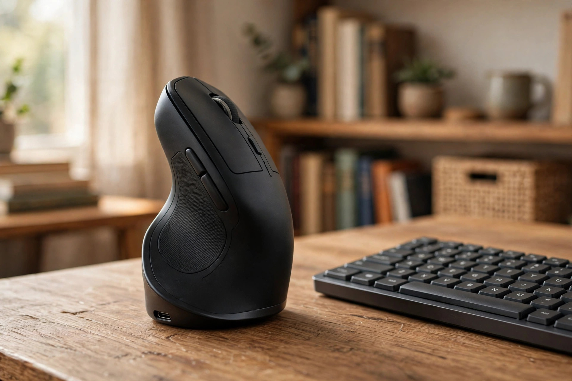 Ergonomic vertical mouse for wrist pain relief on a home office desk
