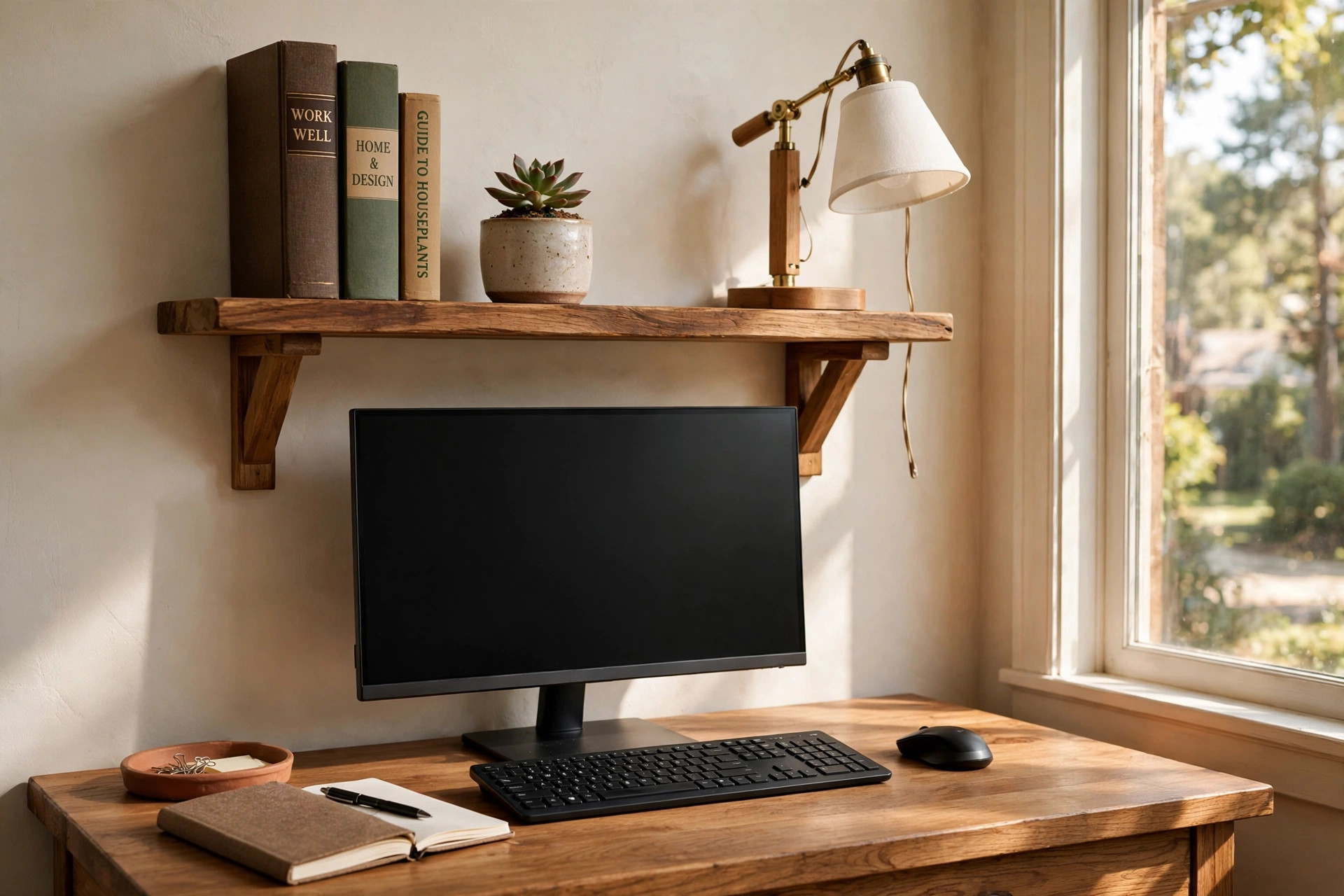 Wall mounted desk shelf above computer monitor holding books and a plant in a home office