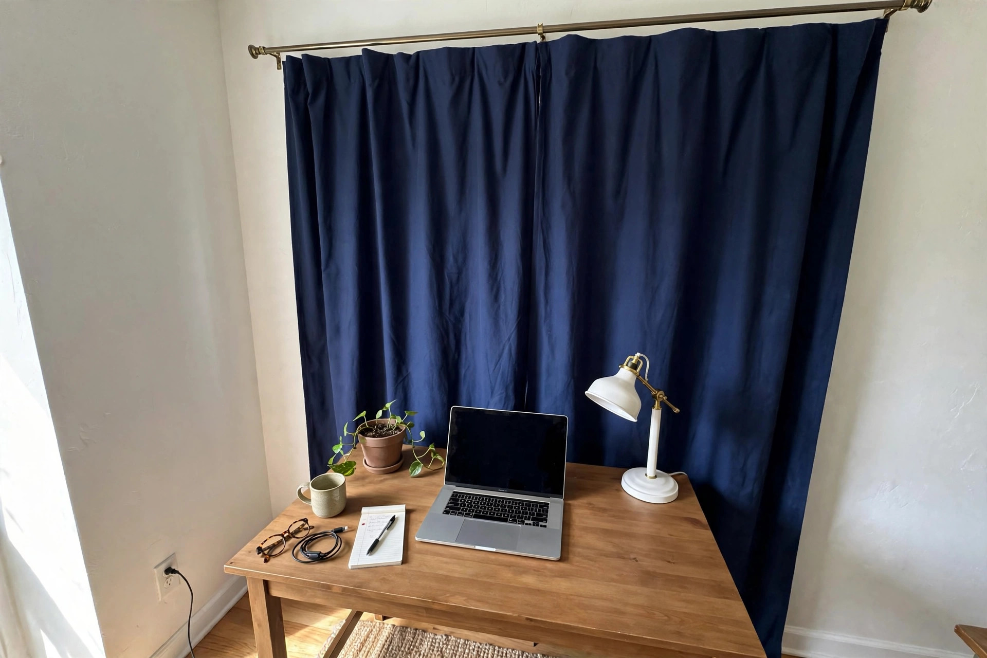 A home office curtain backdrop for video calls in solid navy fabric