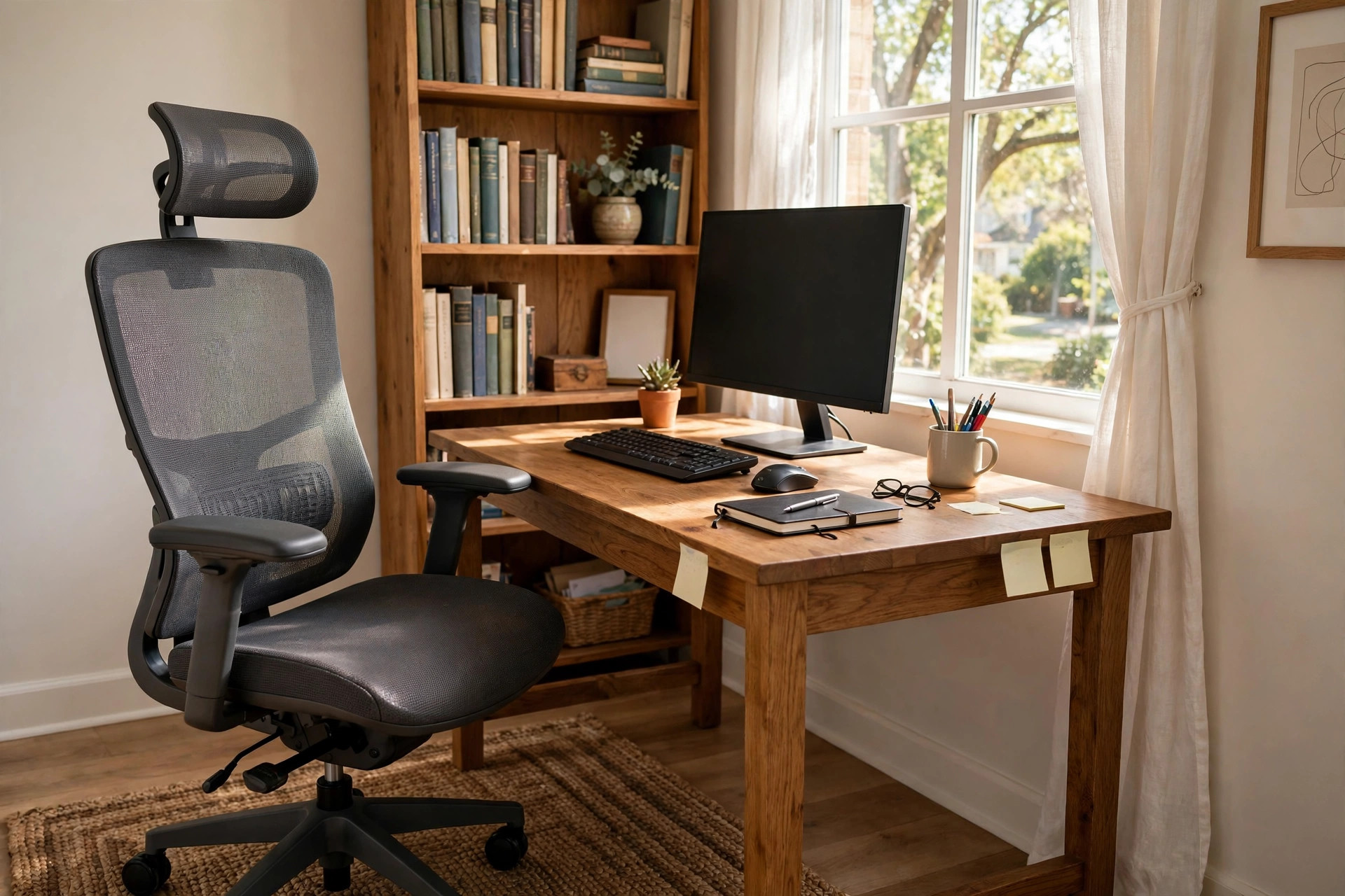 Ergonomic office chair with headrest for tall men in a home office