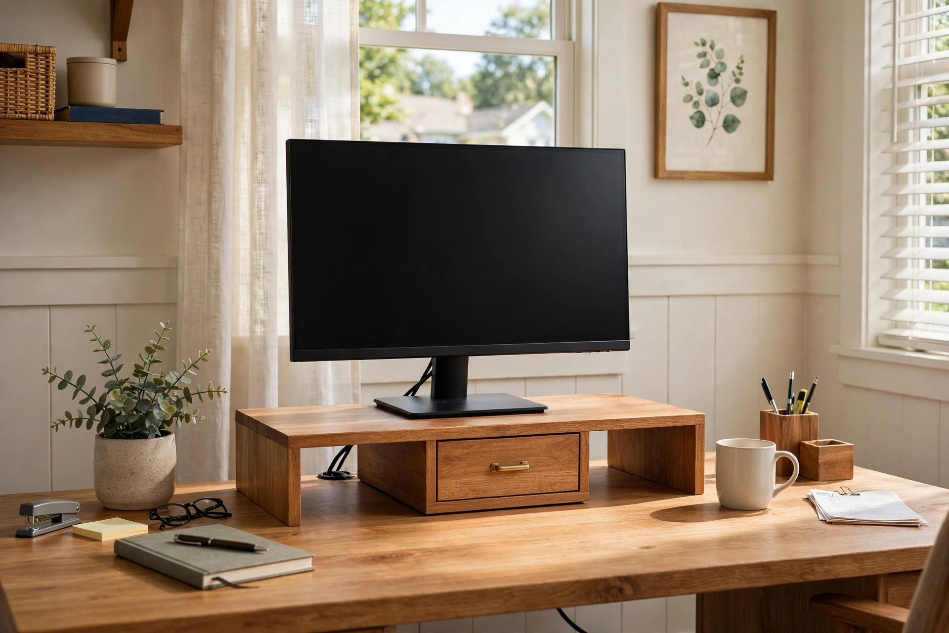 Home office monitor riser with drawer storage on a desk