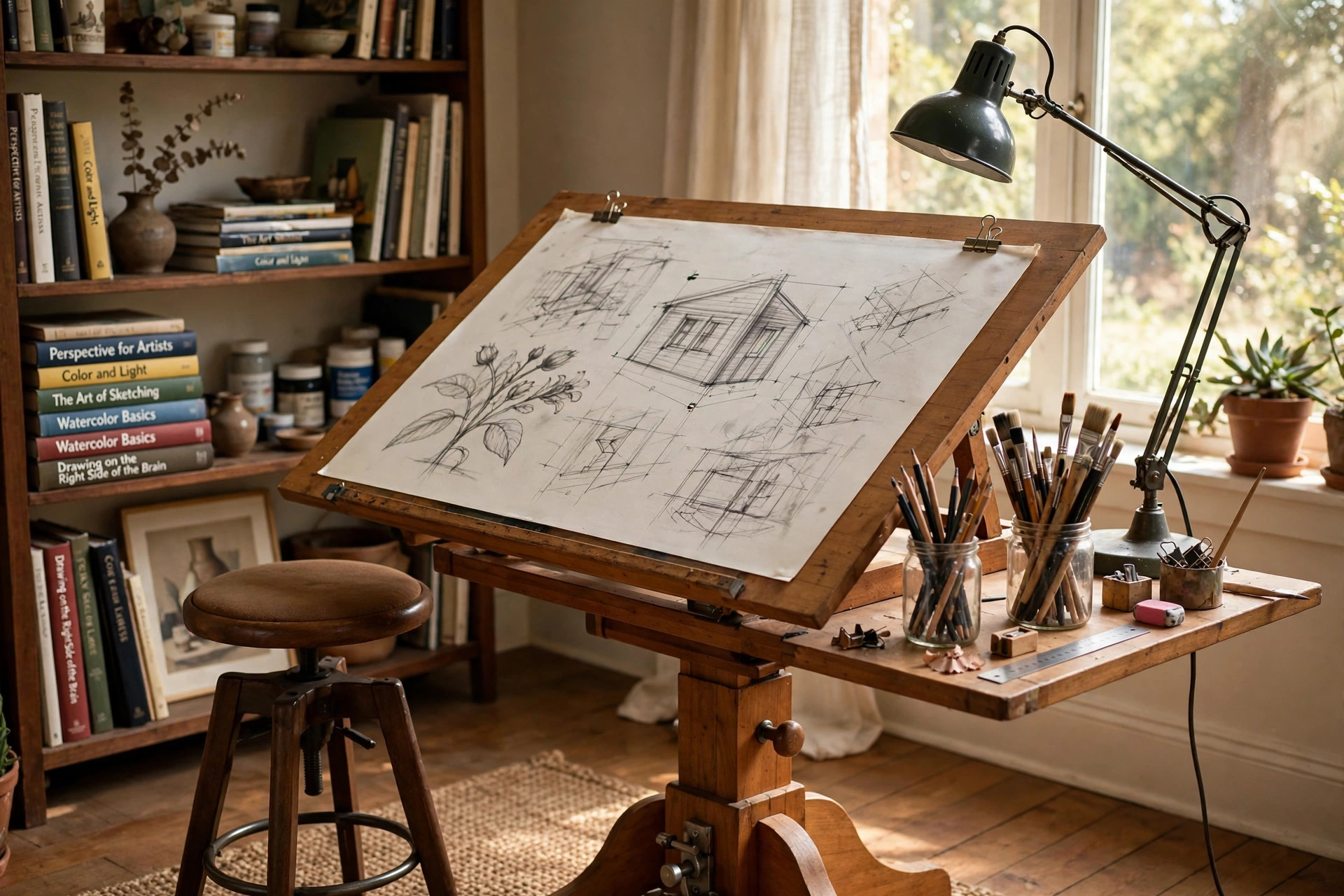 Adjustable drafting table for home art studio in a bright home workspace