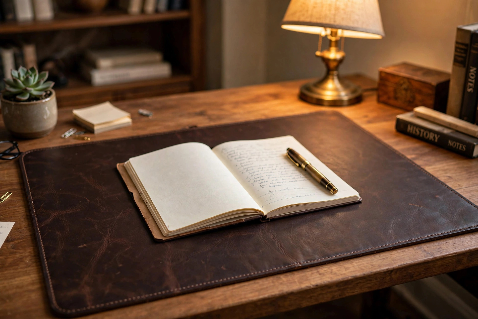 home office desk mat leather for writing: A leather desk mat on a home office writing desk