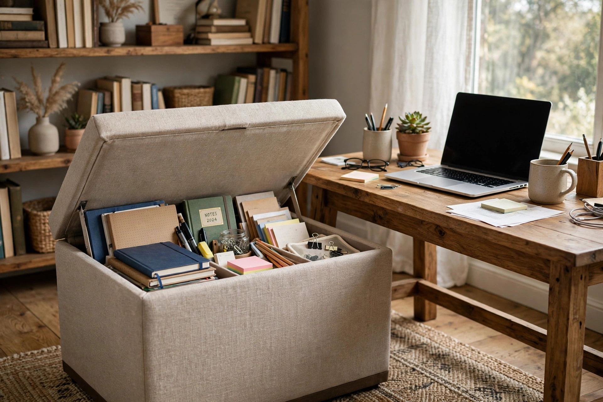 Home office storage ottoman with lid beside a wooden desk in a bright room