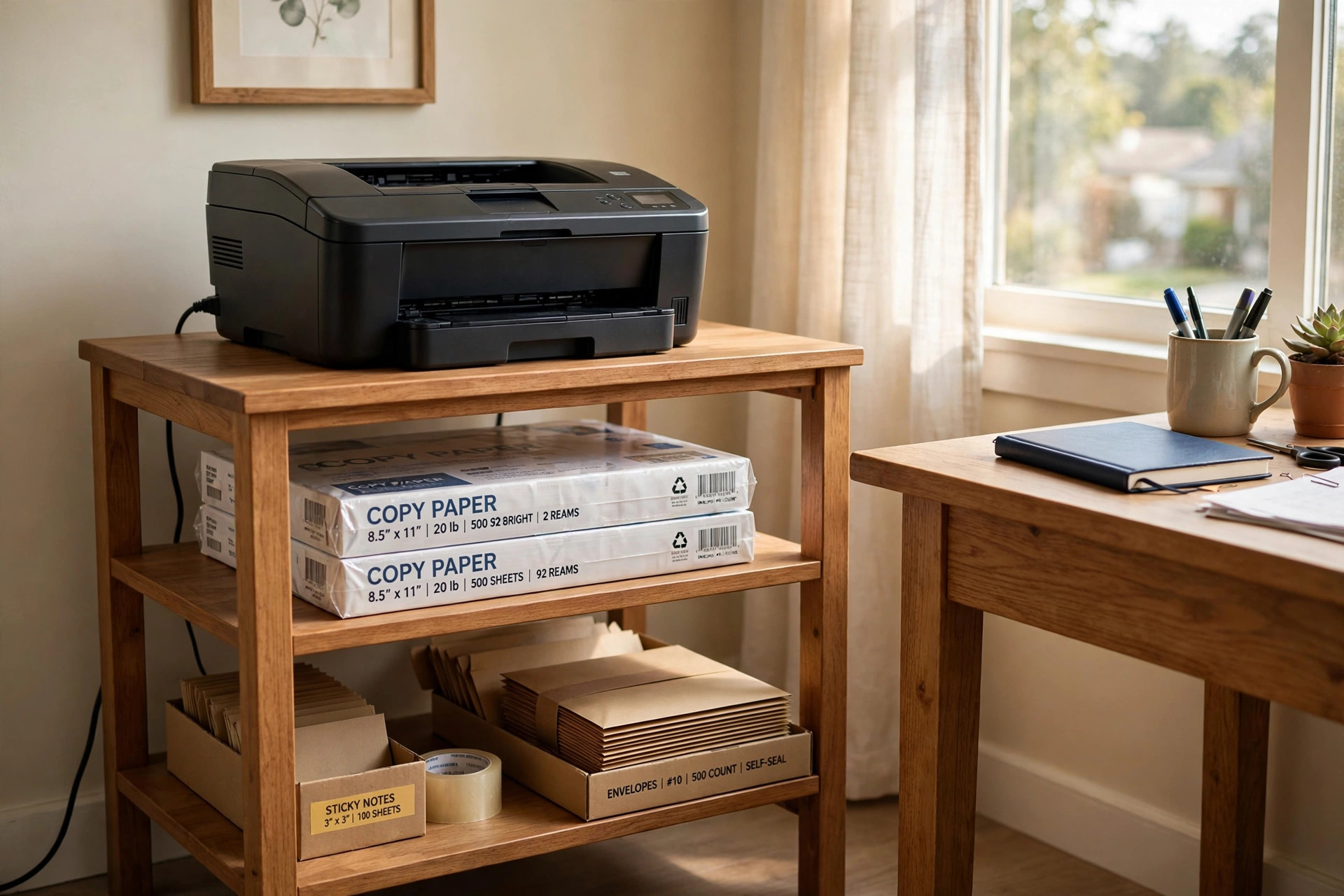 A home office side table for printer and supplies with a laser printer and paper