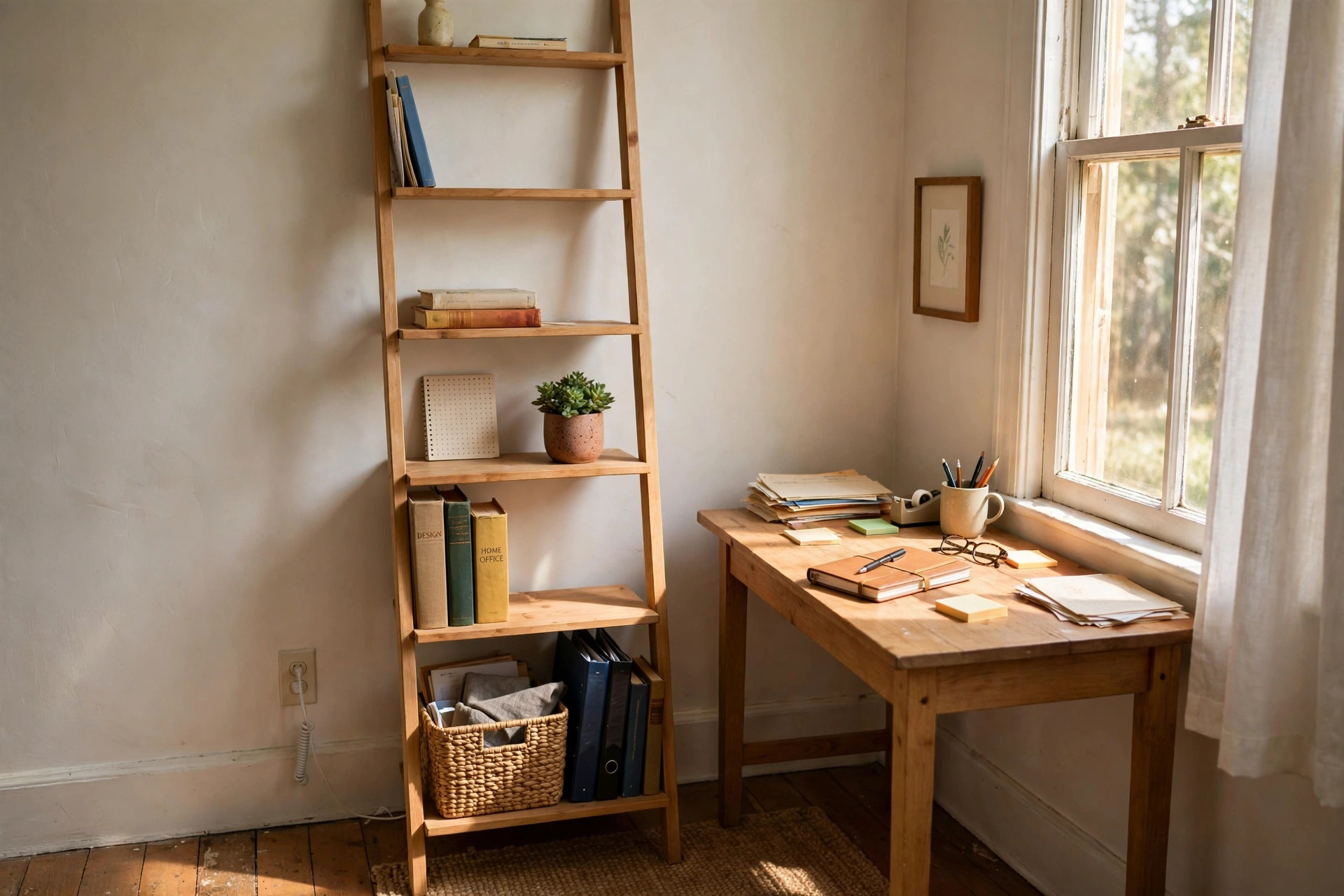 home office bookshelf ladder style narrow: Narrow ladder-style home office bookshelf in a real American home office