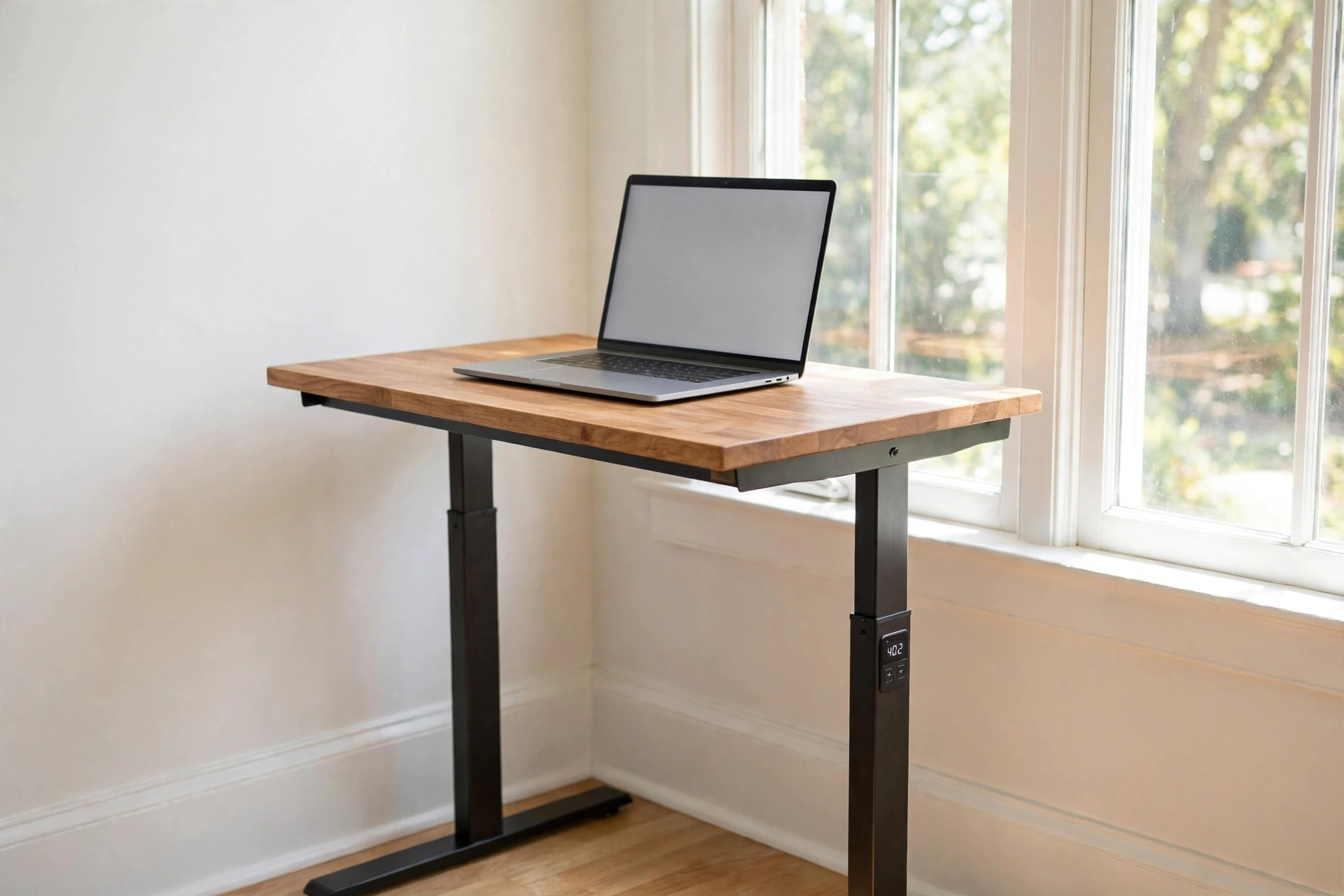 small standing desk for laptop only use in a bright home office