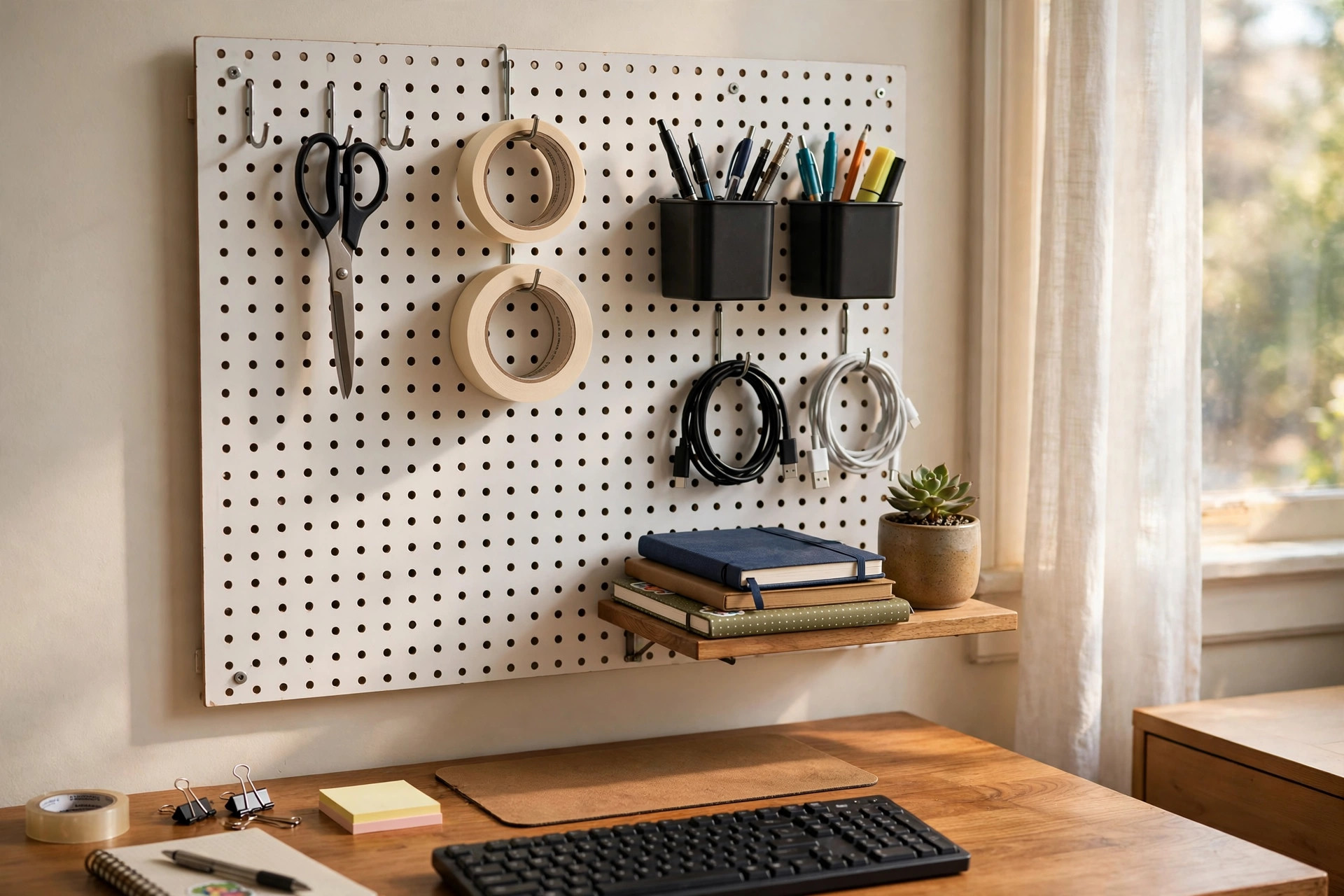 A home office pegboard wall organizer for supplies holding office tools