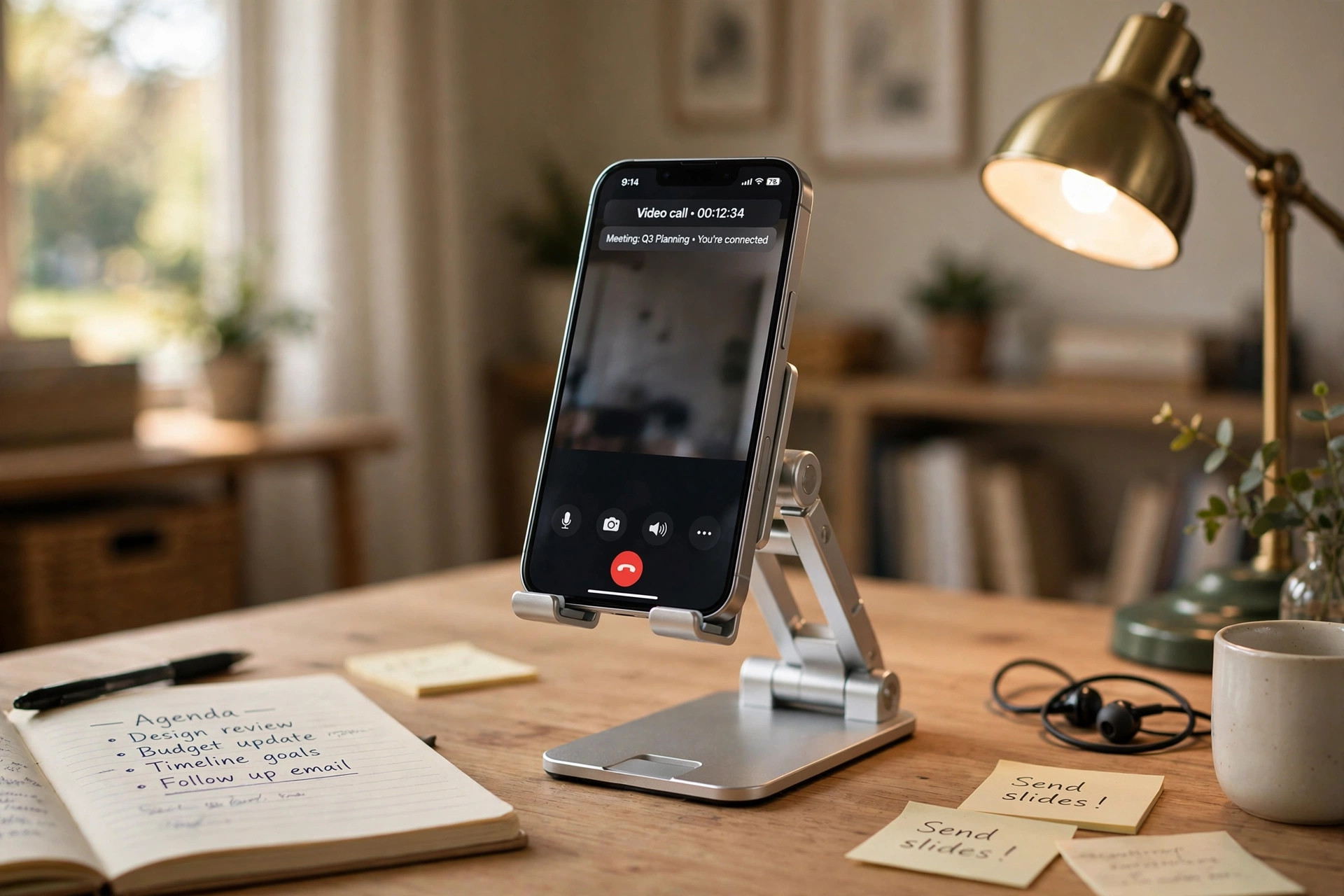 Adjustable phone stand for desk video calls on a home office desk