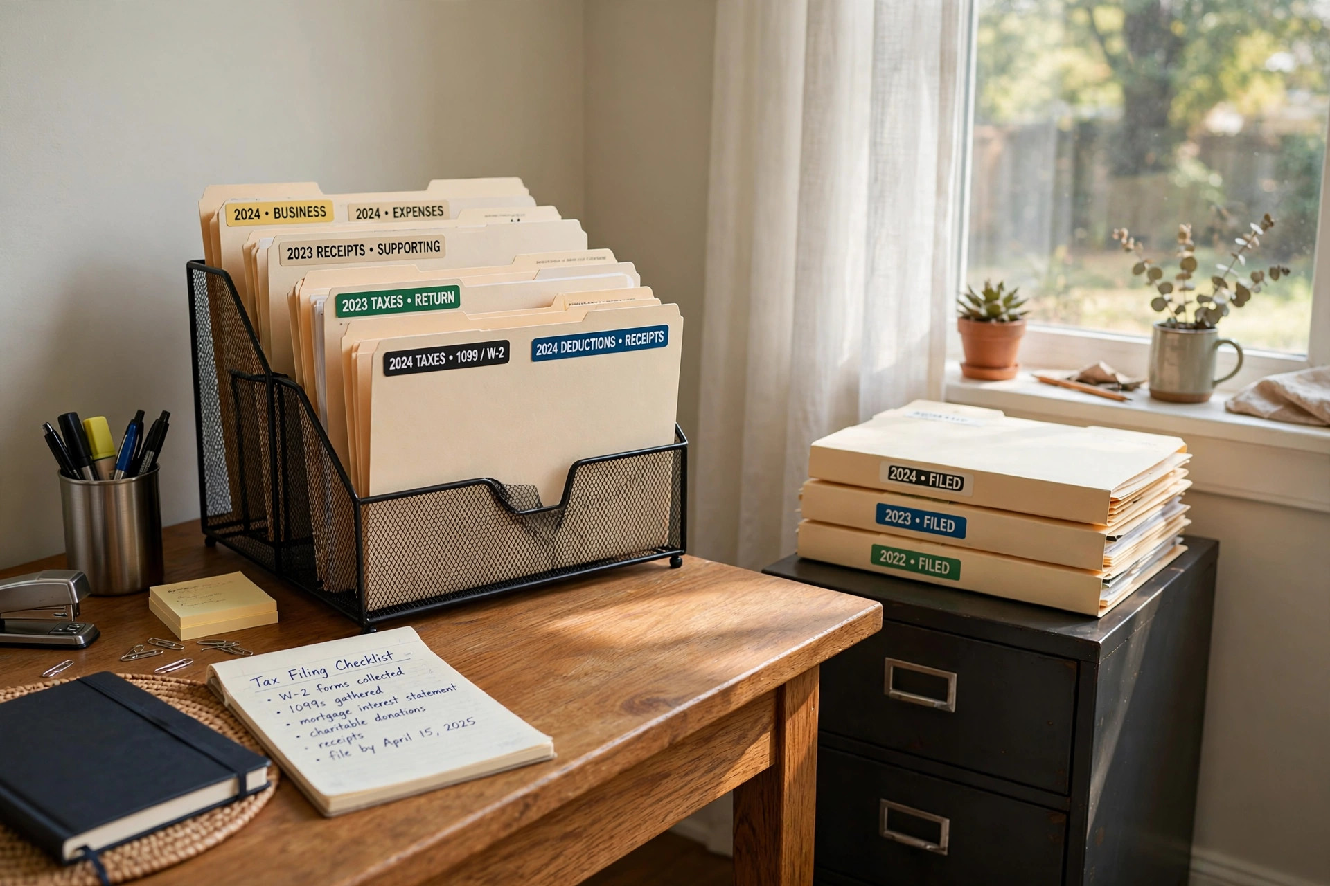 Home office filing system for tax documents with labeled folders