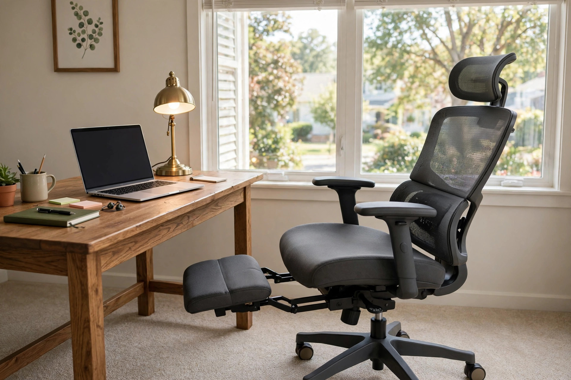 ergonomic office chair with footrest reclining: Ergonomic office chair with footrest in reclining position