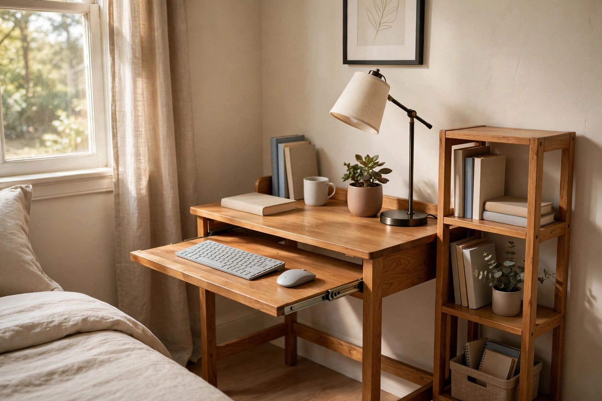 Compact desk with keyboard tray for small room in a bright home office corner