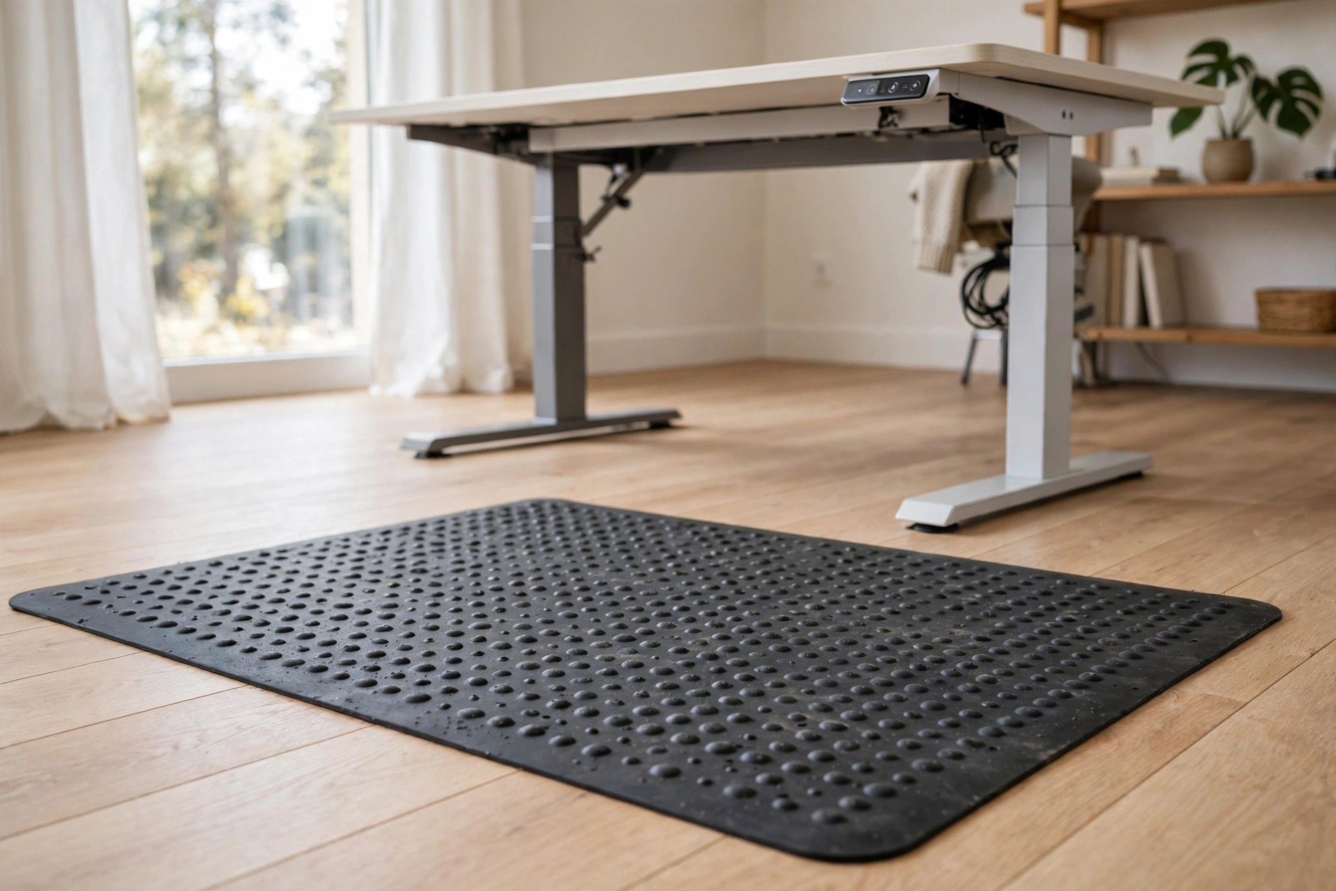adjustable standing desk mat with massage bumps on office floor