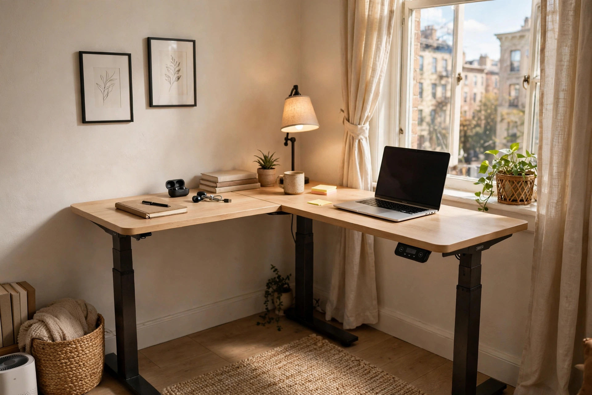 Small corner standing desk for apartment living in a cozy living room nook