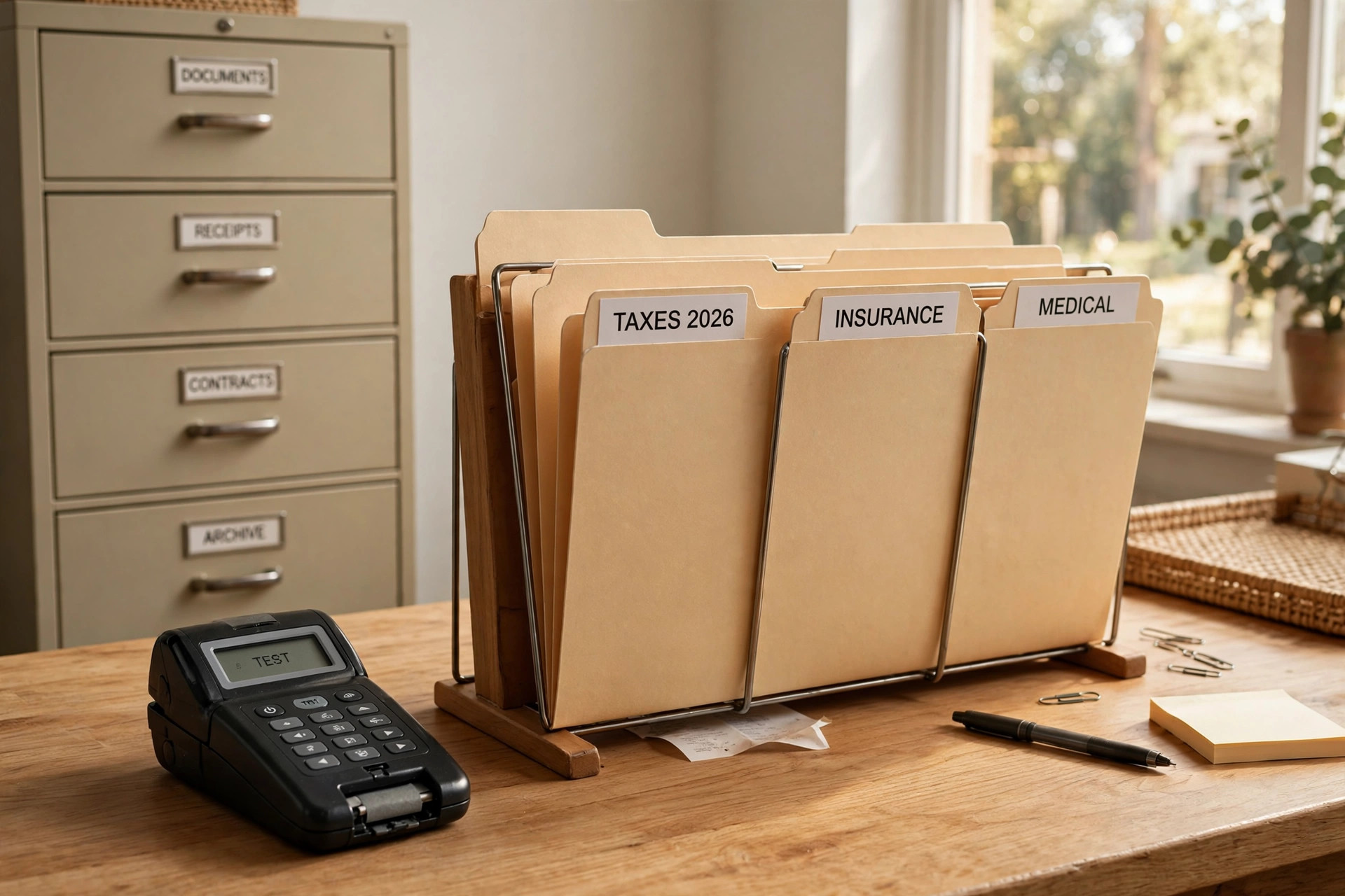 A home office label maker for filing organization on a wooden desk with labeled file folders