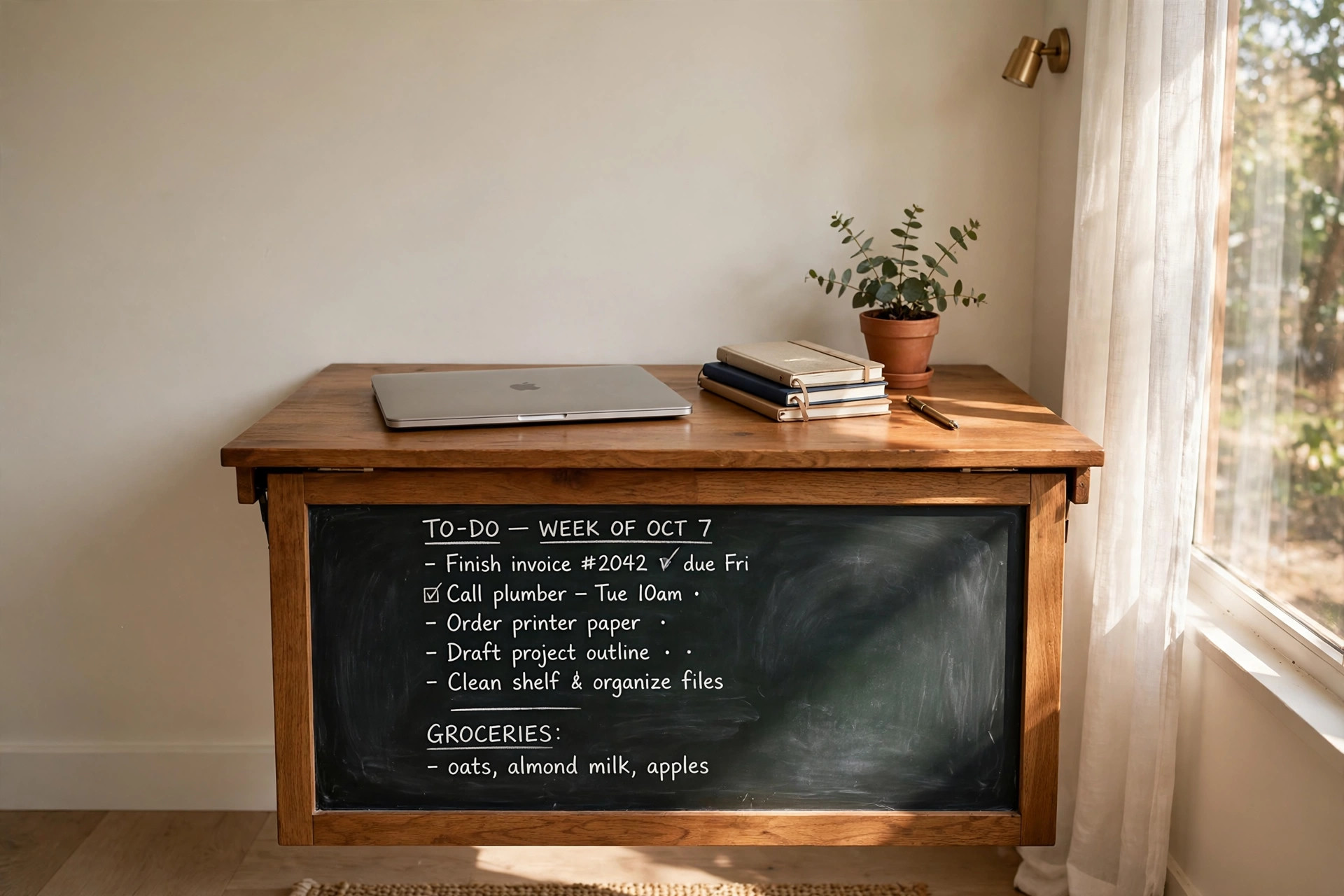 Wall mounted folding desk with chalkboard folded down in a small home office