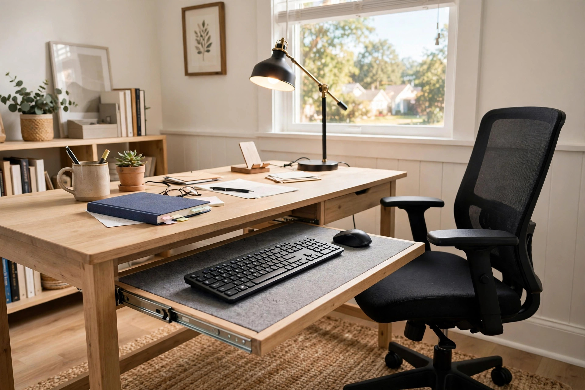 home office desk with keyboard tray slide out in a real home office