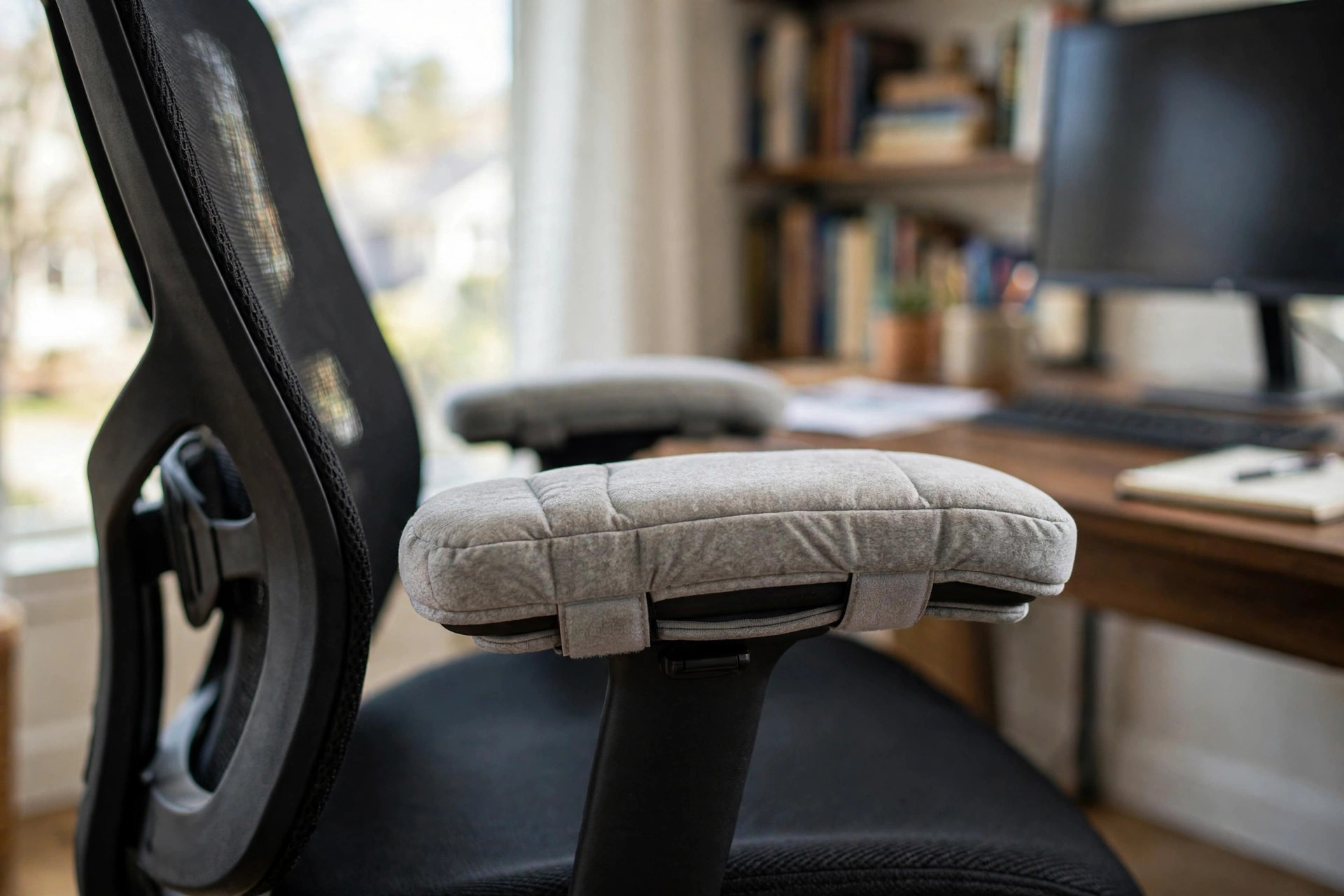 Adjustable armrest pads for office chair comfort on an ergonomic desk chair