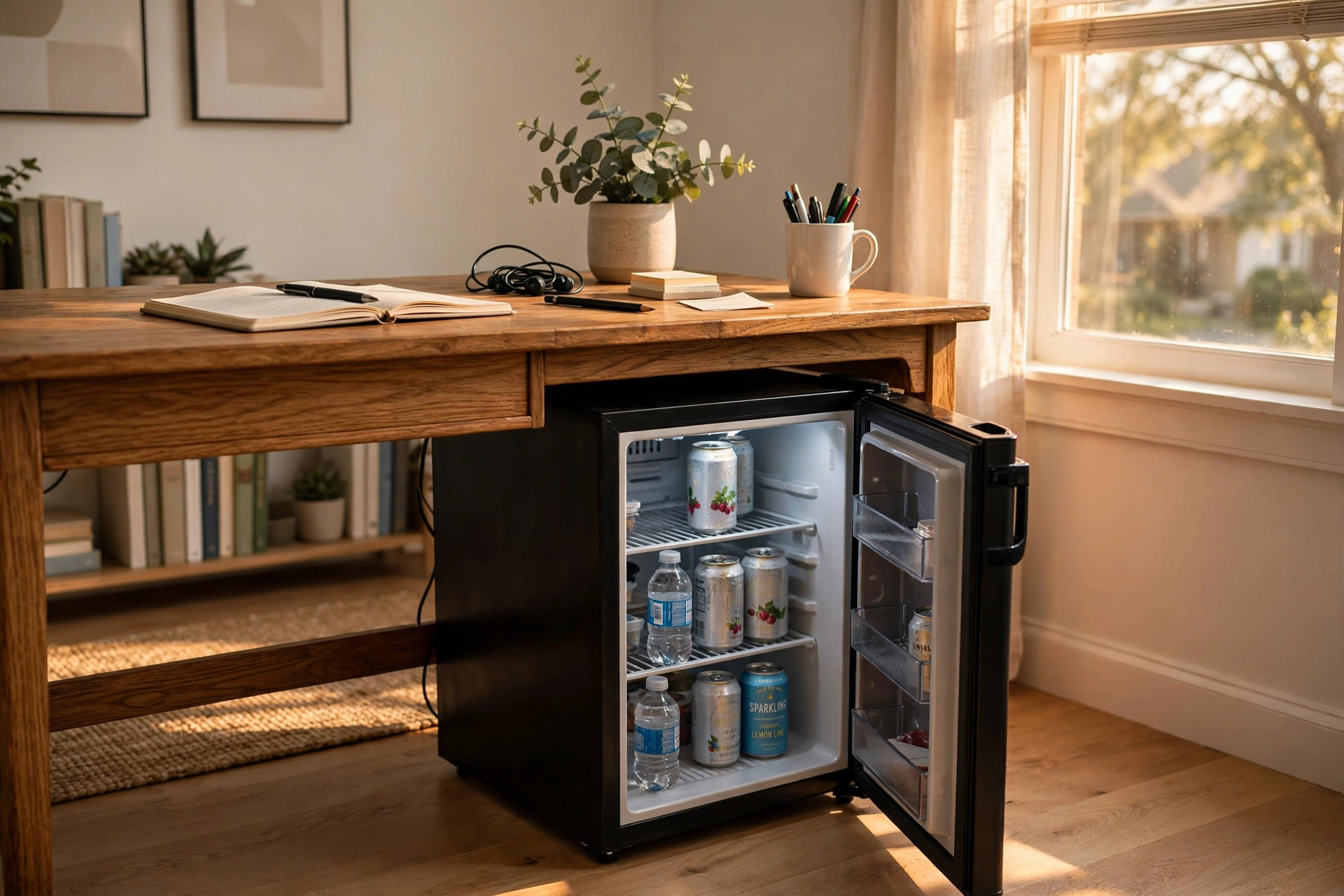 Best mini fridge for home office under desk, a compact unit beneath a wooden desk in a tidy home office