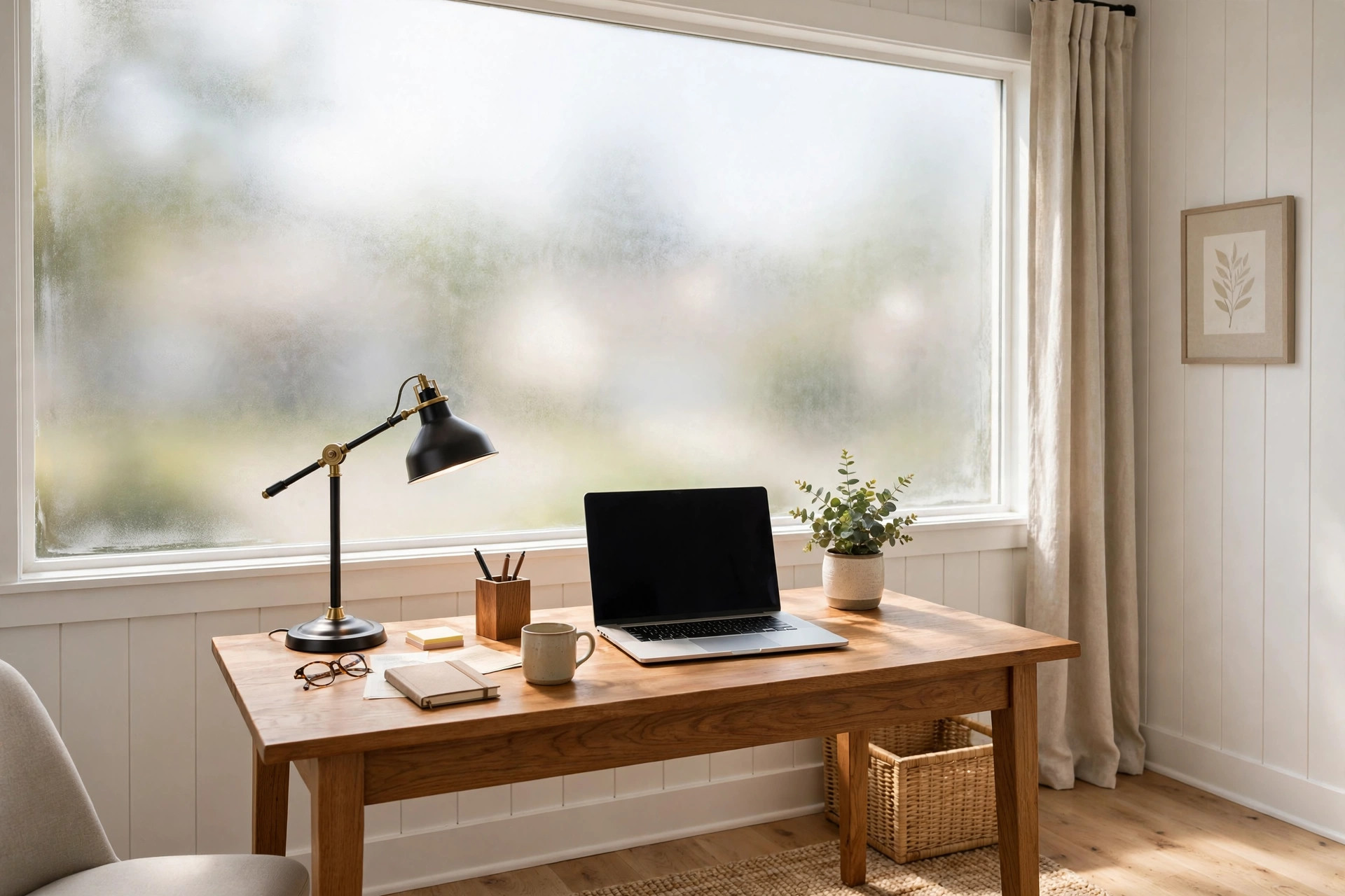 Home office window privacy film for meetings on a frosted office window