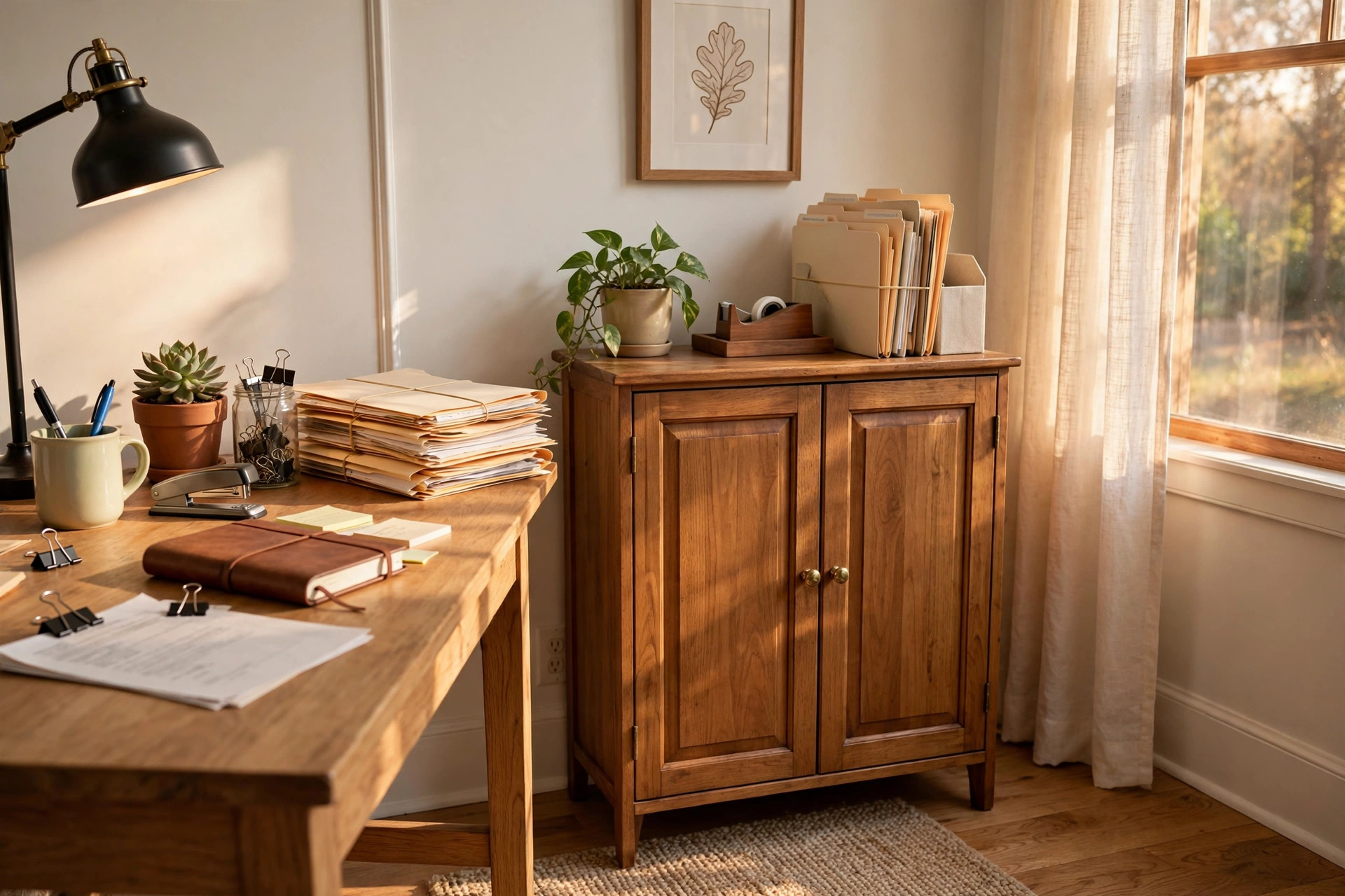 A small bookshelf with doors for office documents in a tidy home office