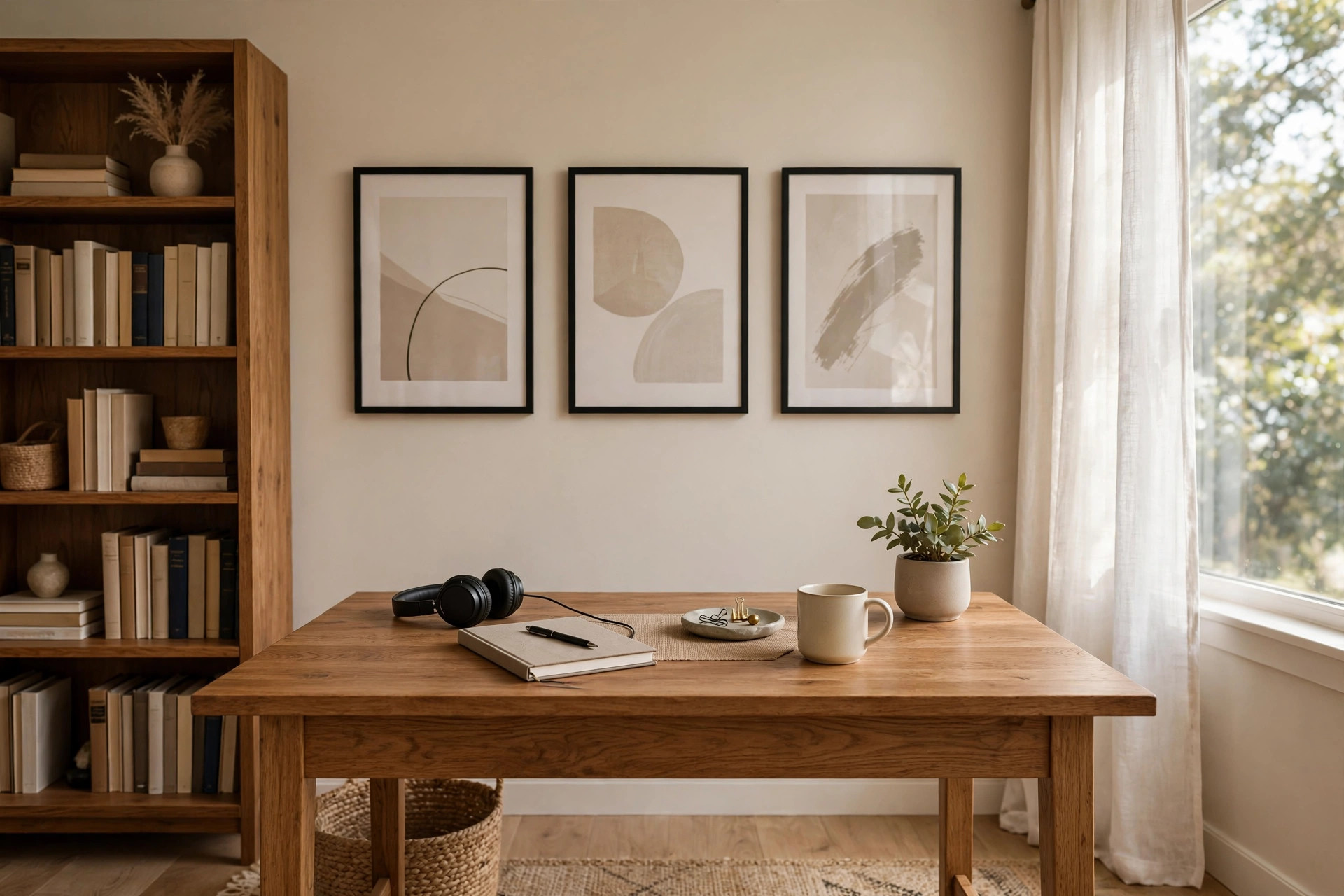 home office wall art for professional background: Framed wall art behind a home office desk creating a professional background
