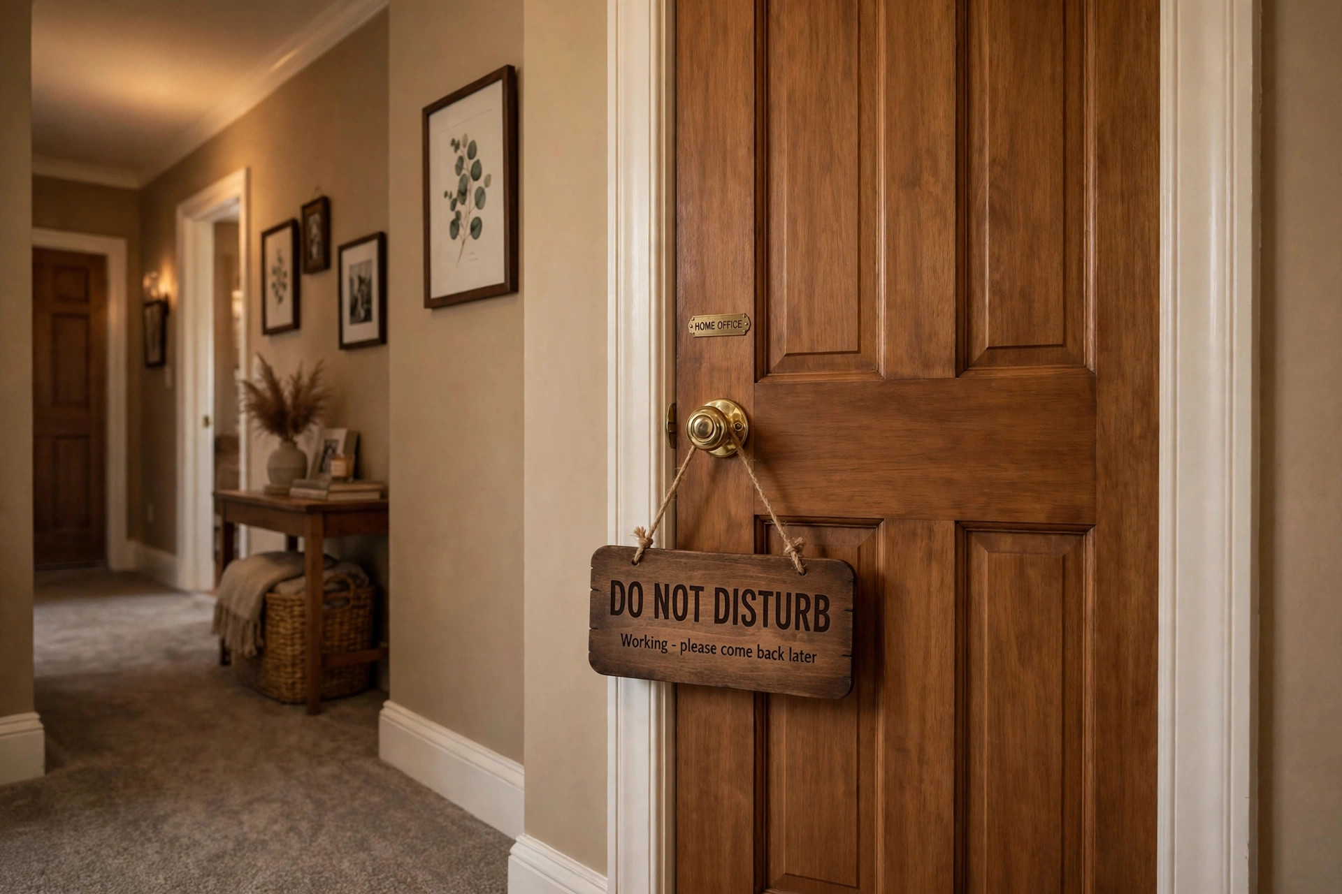 Home office door sign do not disturb working sign hanging on a wooden office door