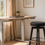 An adjustable height stool for standing desk break beside a standing desk in a home office