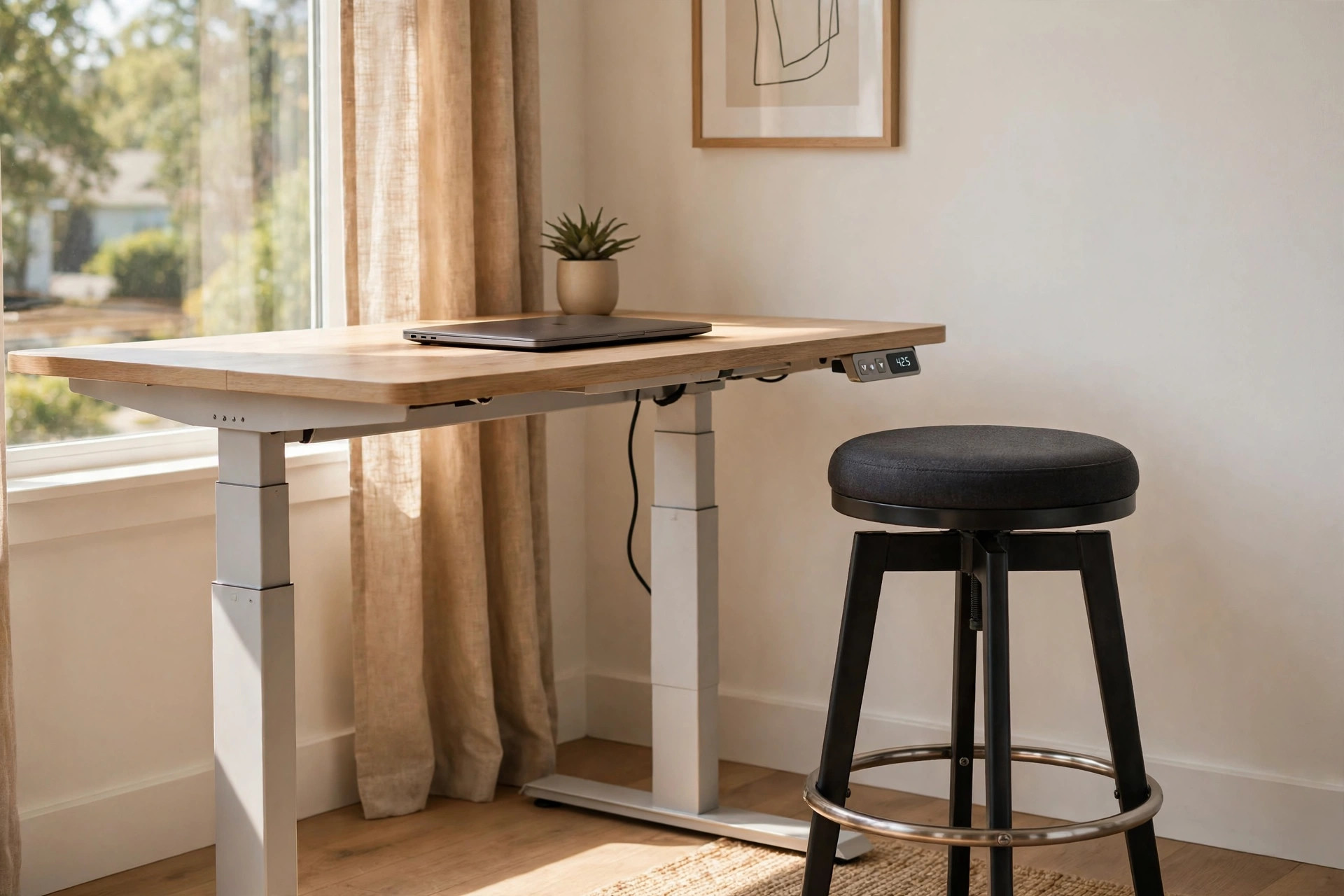 An adjustable height stool for standing desk break beside a standing desk in a home office