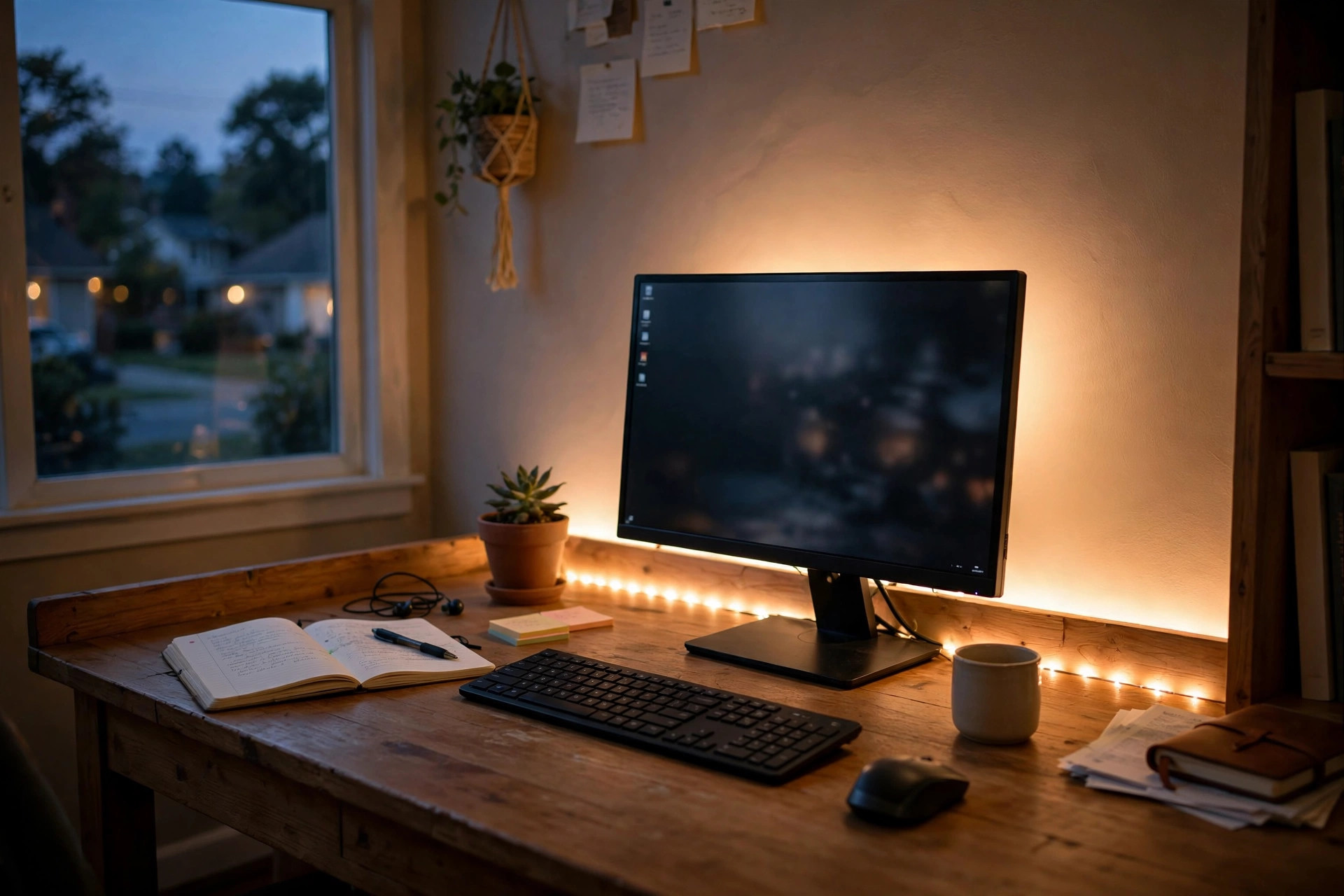 best led strip lights for home office desk: A home office desk with warm LED strip lights glowing behind the desk and monitor