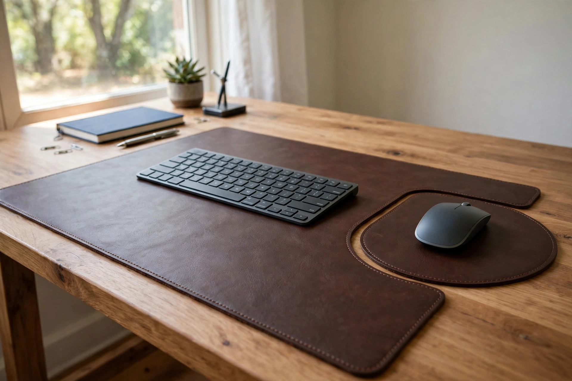 A home office desk pad with mouse pad combo on a wooden home office desk with keyboard and mouse