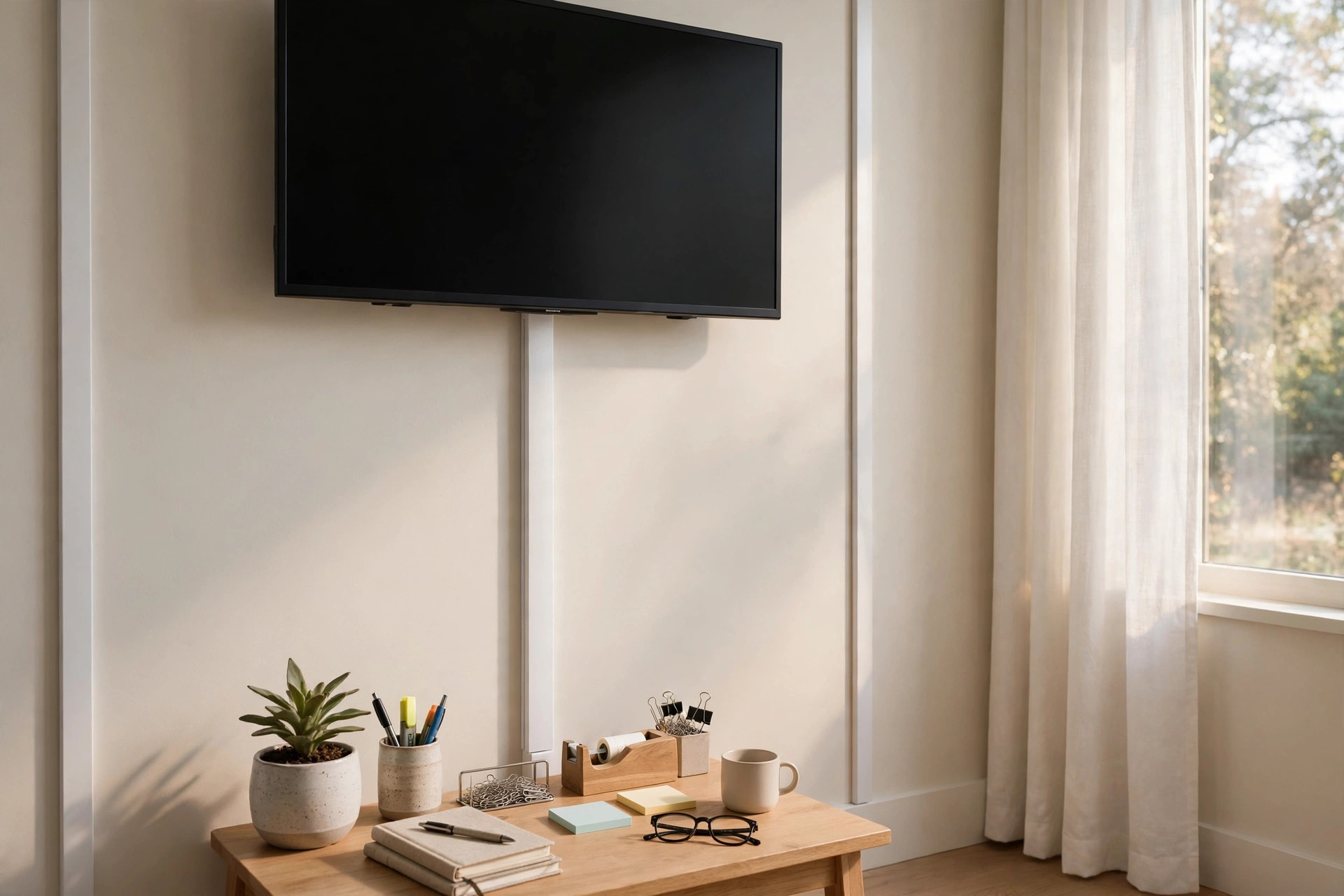 Home office cable raceway for wall mounted TV hiding cables below a flat screen