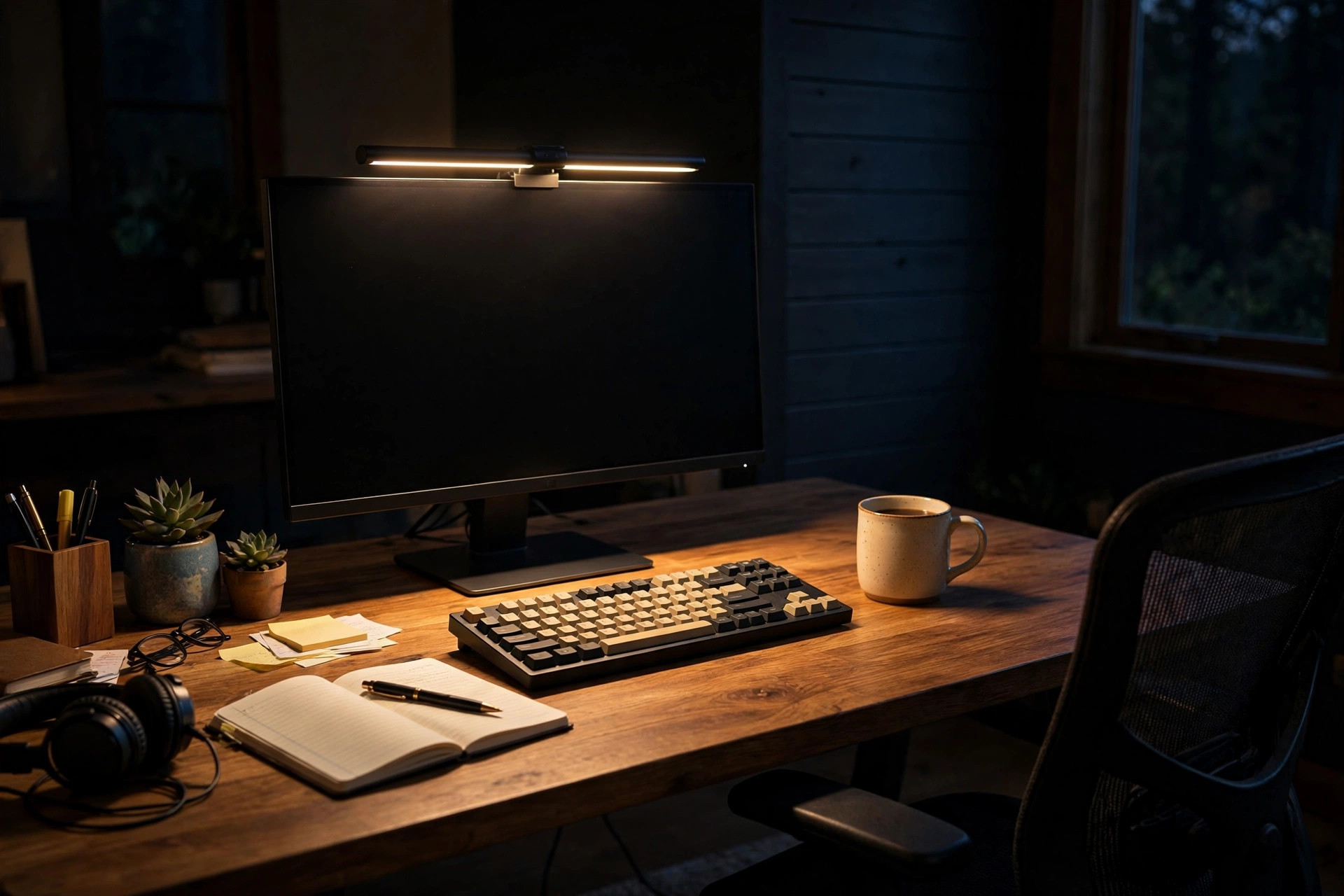 Adjustable monitor light bar for eye care glowing above a home office desk