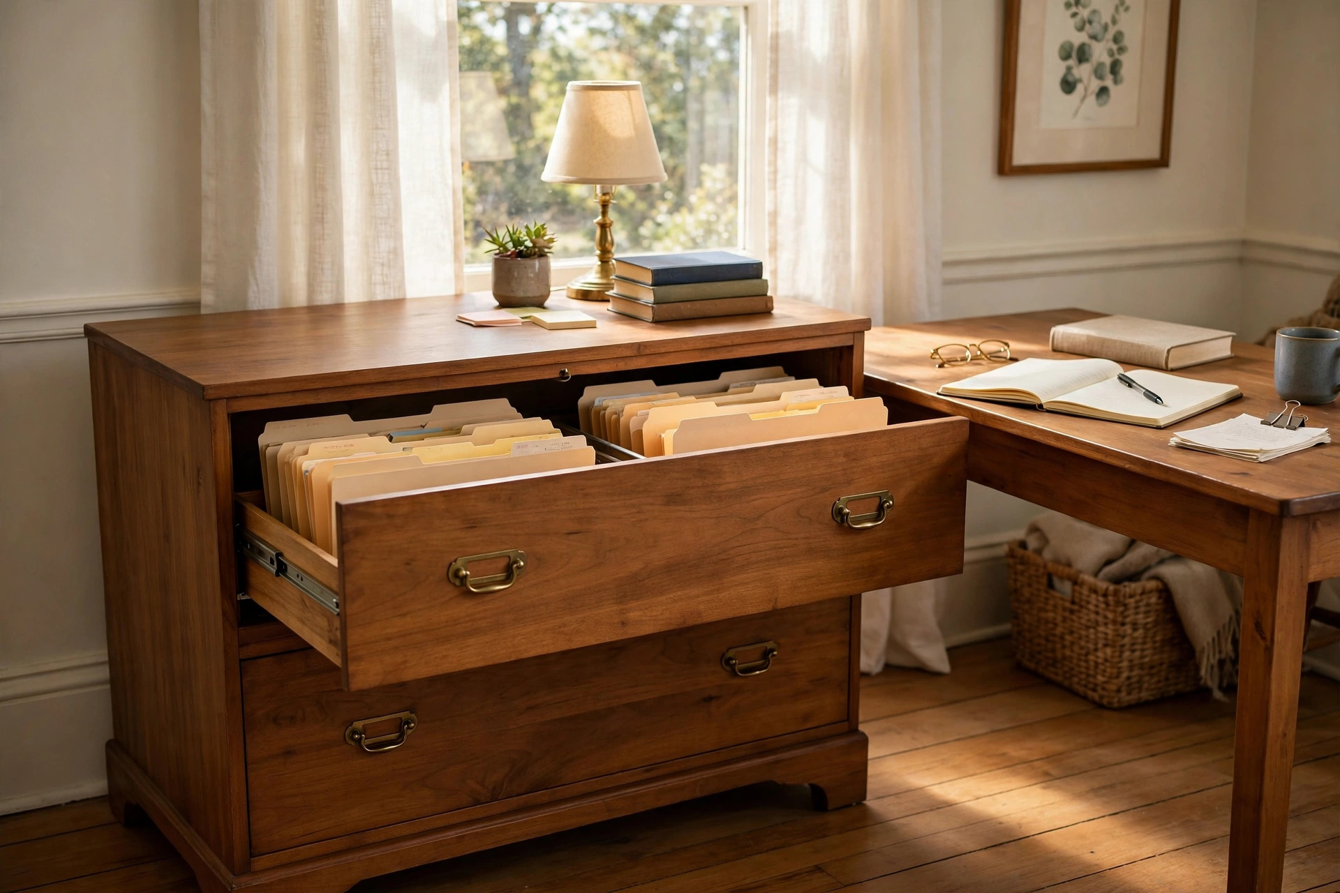 Home office filing cabinet lateral two drawer beside a wooden desk in a home office