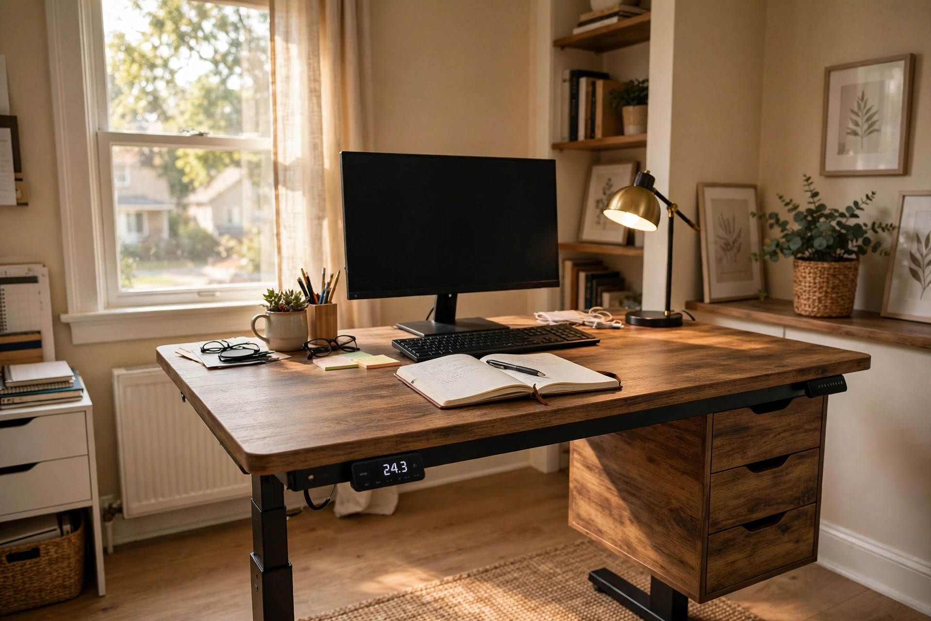 Home office standing desk with drawers attached in a real home office