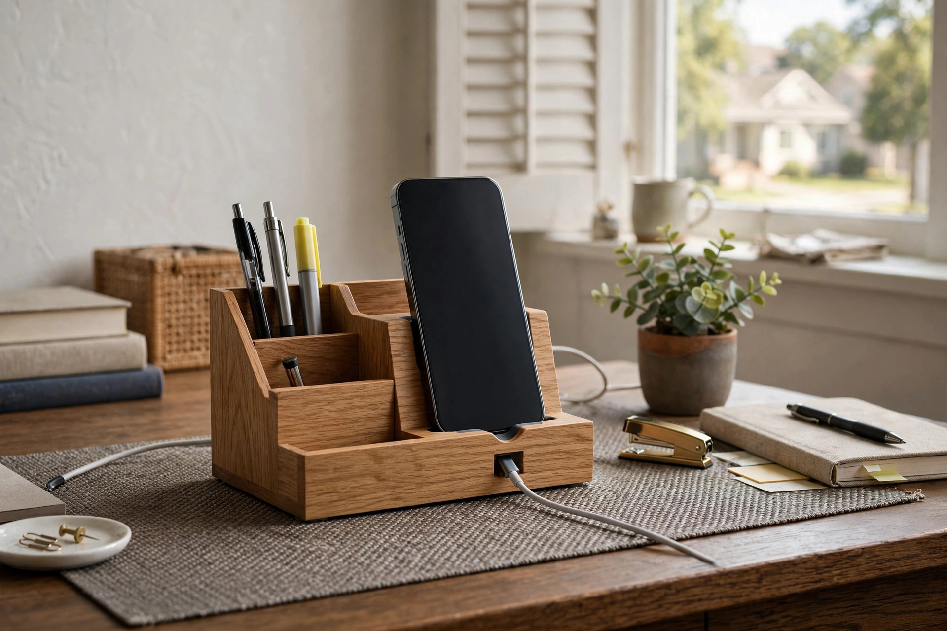 A small desk organizer with phone charging dock on a tidy home office desk