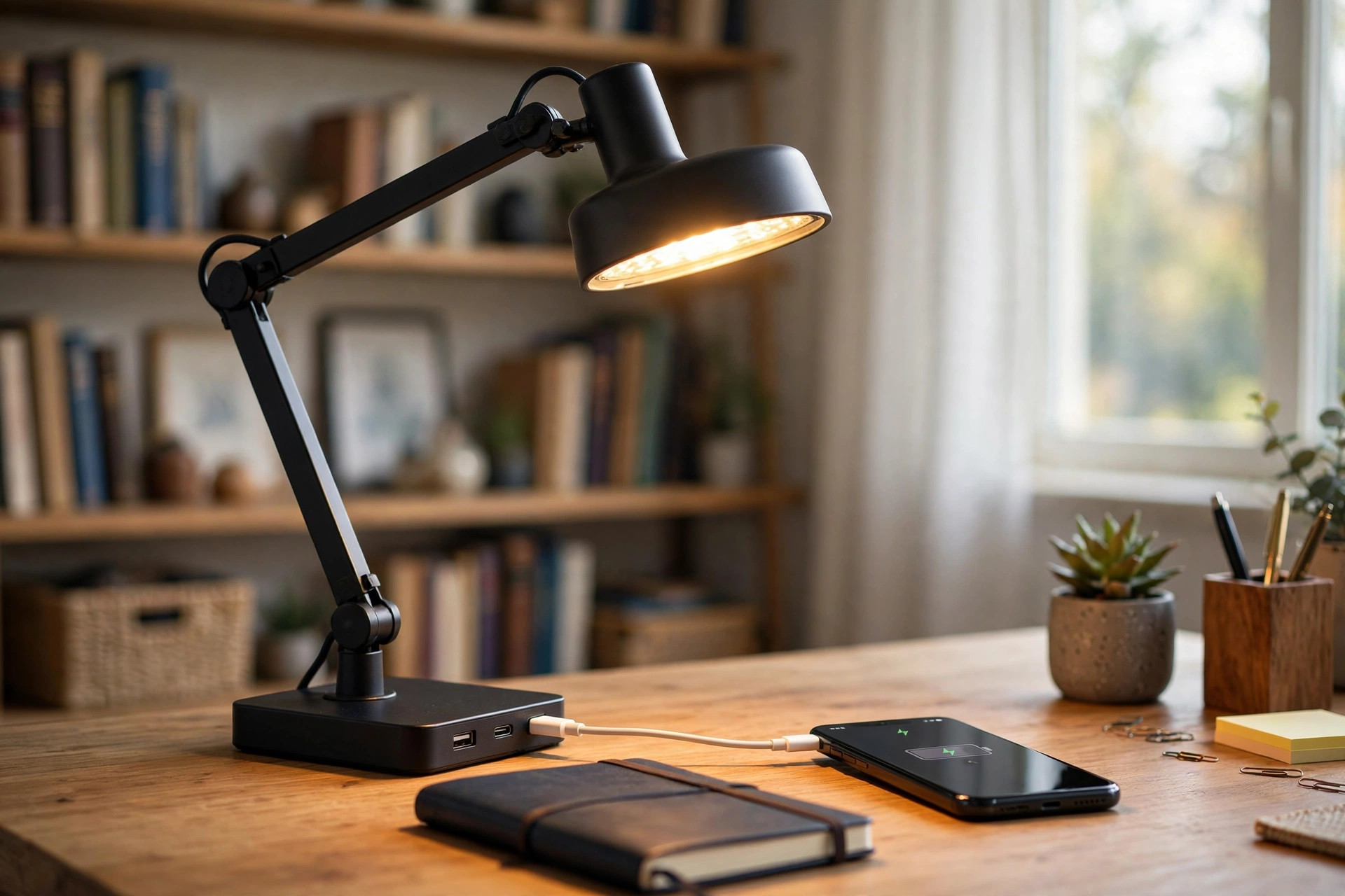 Home office desk lamp with usb charging station on a wooden desk