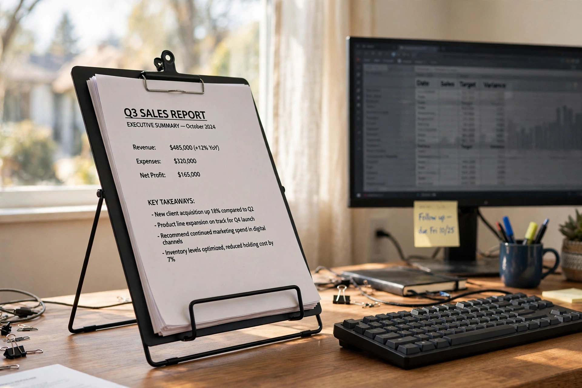 Best document holder for typing at desk holding a printed report beside a keyboard