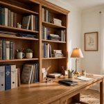 Home office bookshelf with desk combo unit in a bright study room